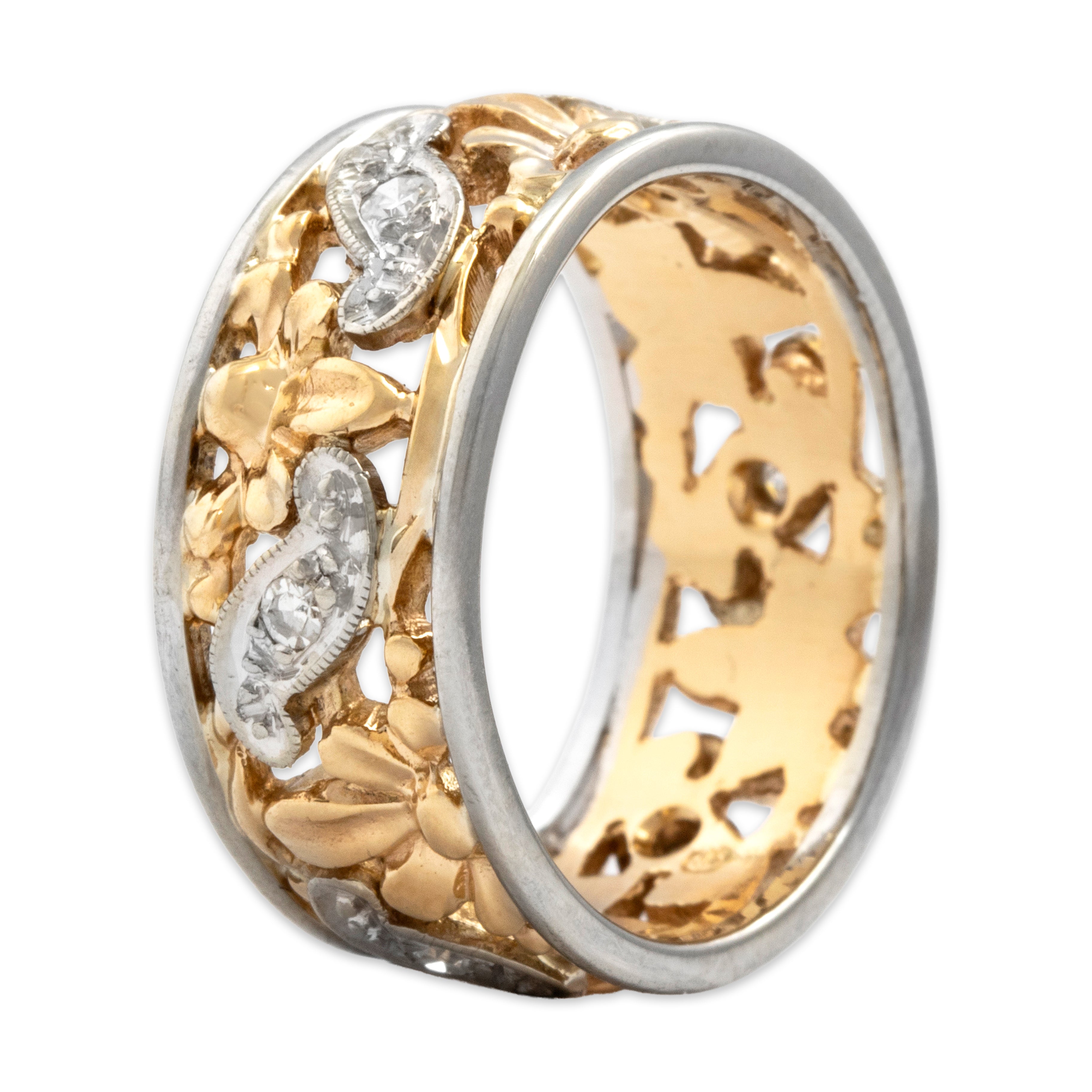 Vintage 14k Yellow & White Gold Diamond Floral Scrolling Wide Band Ring - detail view #1
