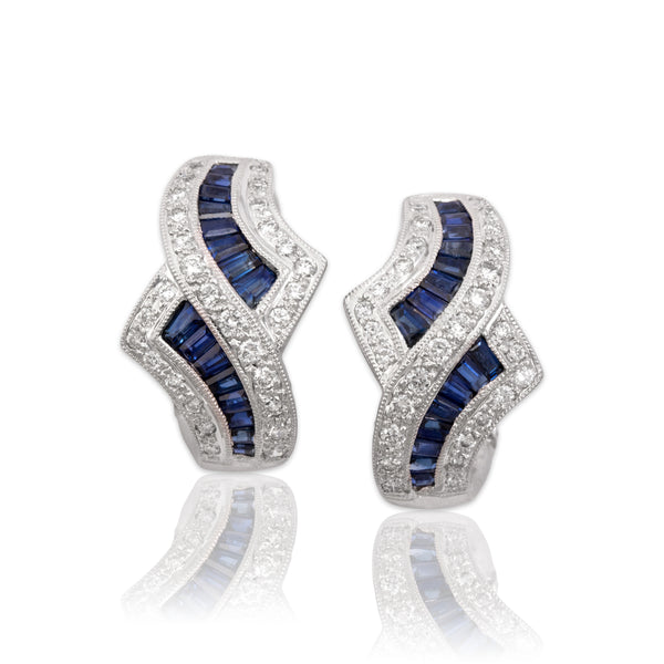 Vintage 18k White Gold 1.11cttw Blue Sapphire Diamond Elegant Wave Earrings