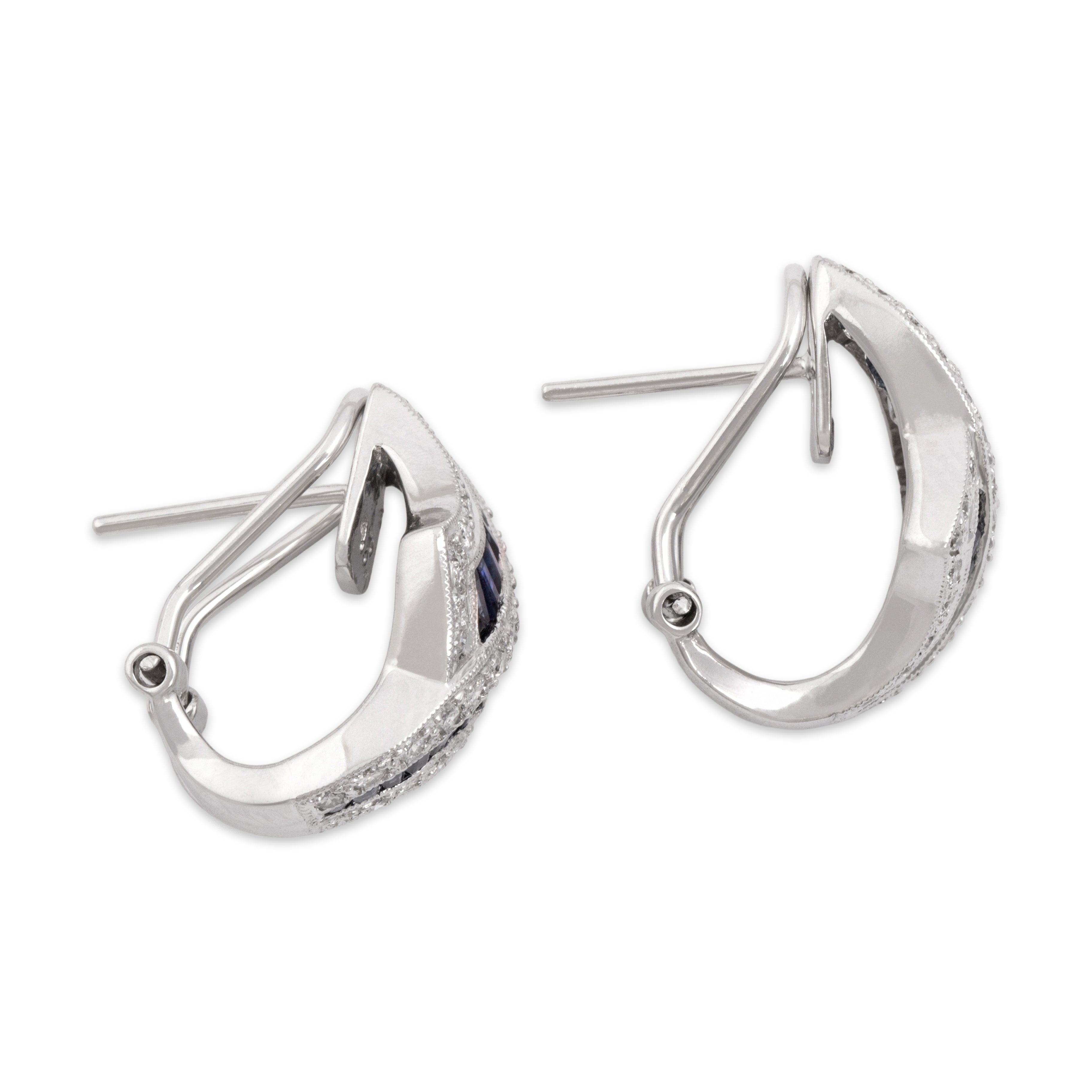 Vintage 18k White Gold 1.11cttw Blue Sapphire Diamond Elegant Sparkling Channel Omega-Back Earrings - Side view