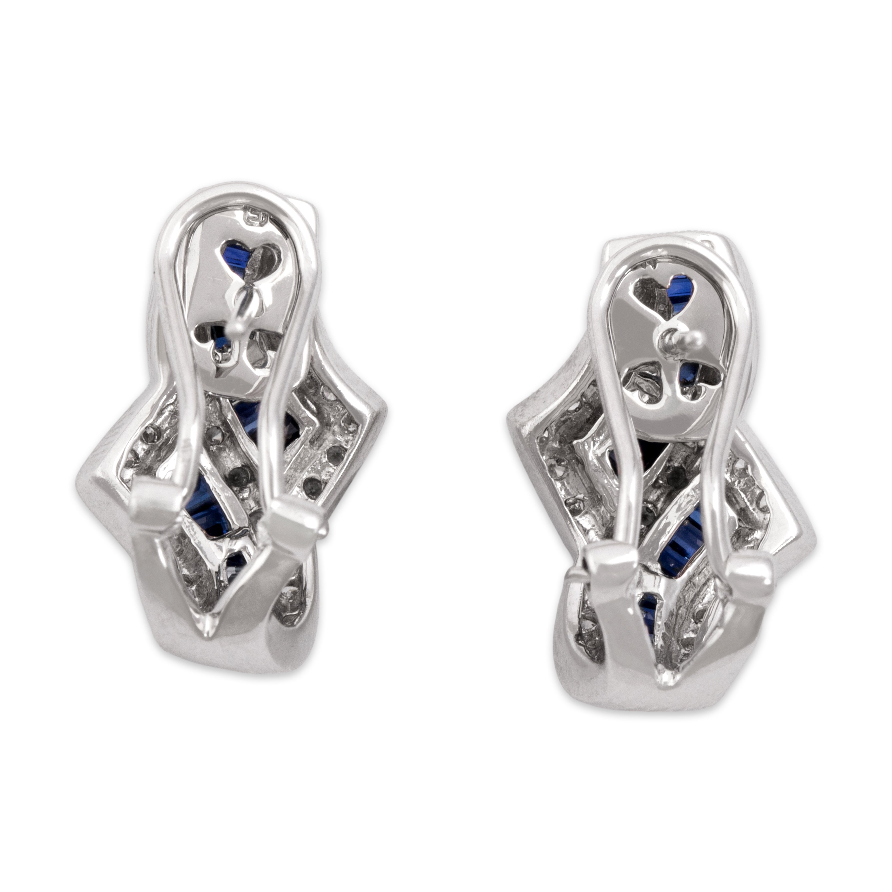 Vintage 18k White Gold 1.11cttw Blue Sapphire Diamond Elegant Sparkling Channel Omega-Back Earrings - Back view