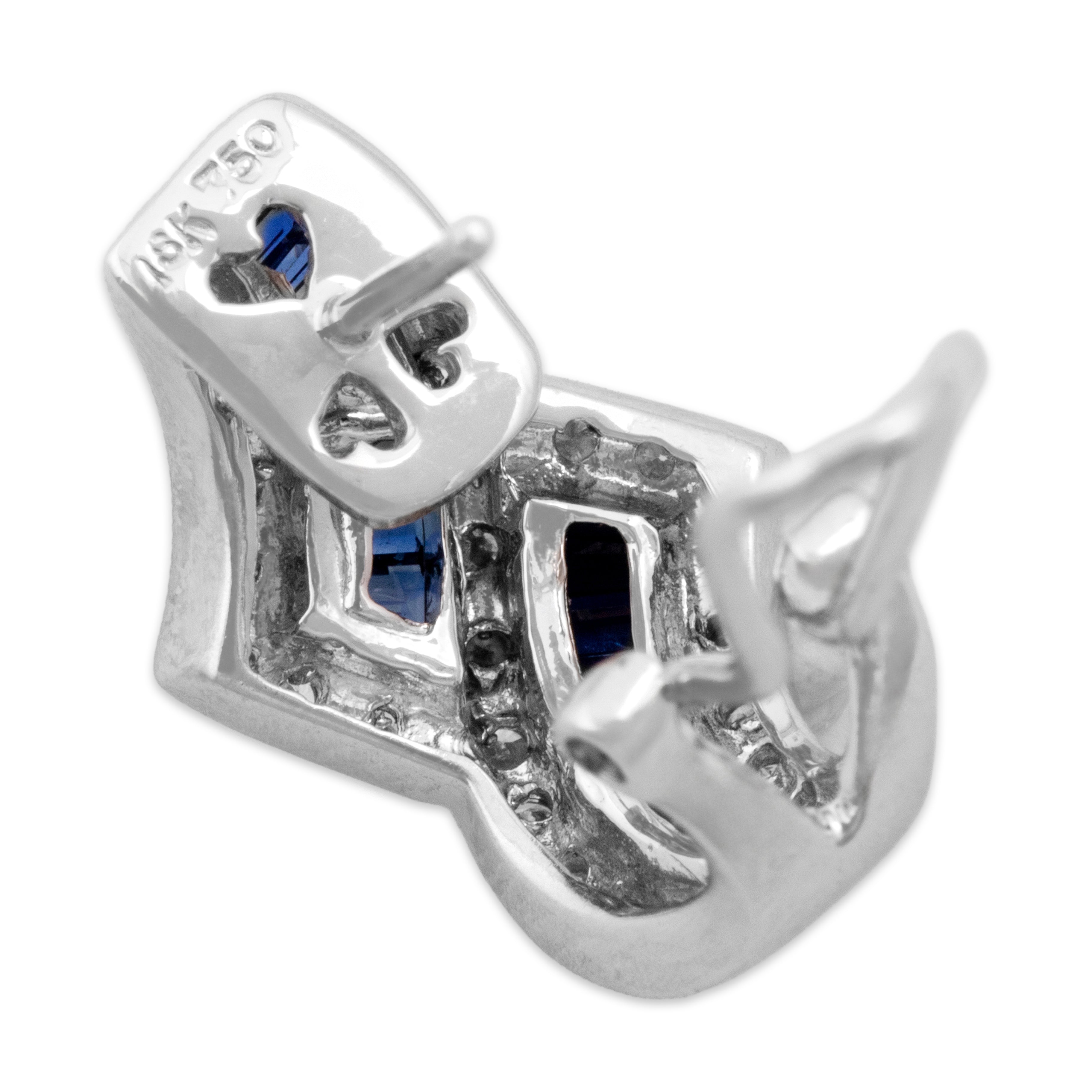 Vintage 18k White Gold 1.11cttw Blue Sapphire Diamond Elegant Sparkling Channel Omega-Back Earrings - Hallmark view