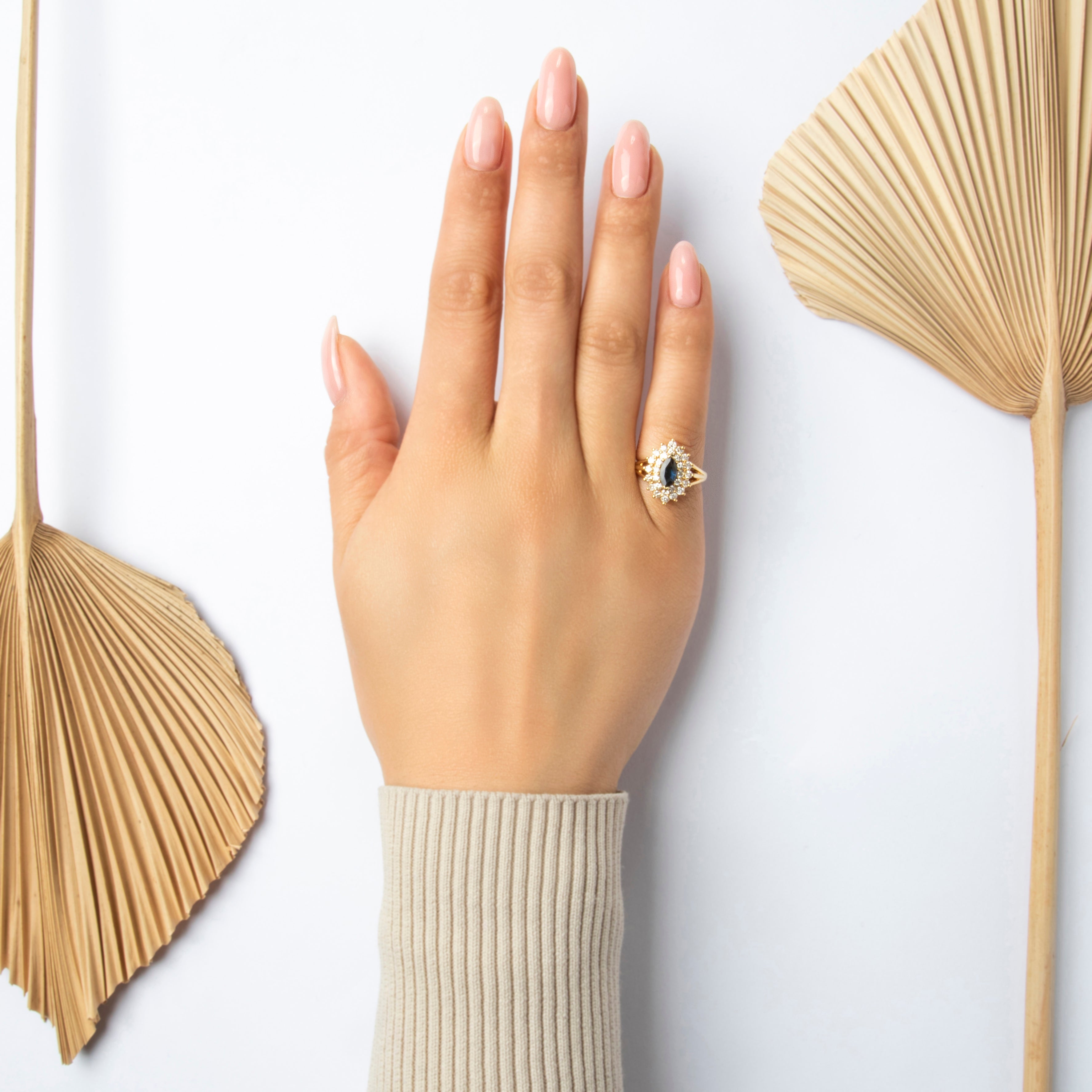 Vintage 18k Yellow Gold .55cttw Diamond .52ct Blue Sapphire Dazzling Marquise Halo Ring - On model view