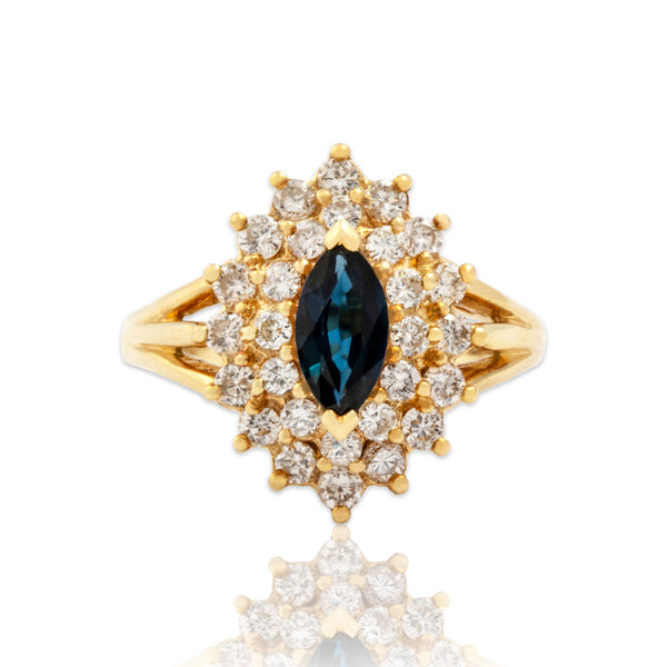 Vintage 18k Yellow Gold .52ct Blue Sapphire .55cttw Diamond Dazzling Halo Ring 4.75