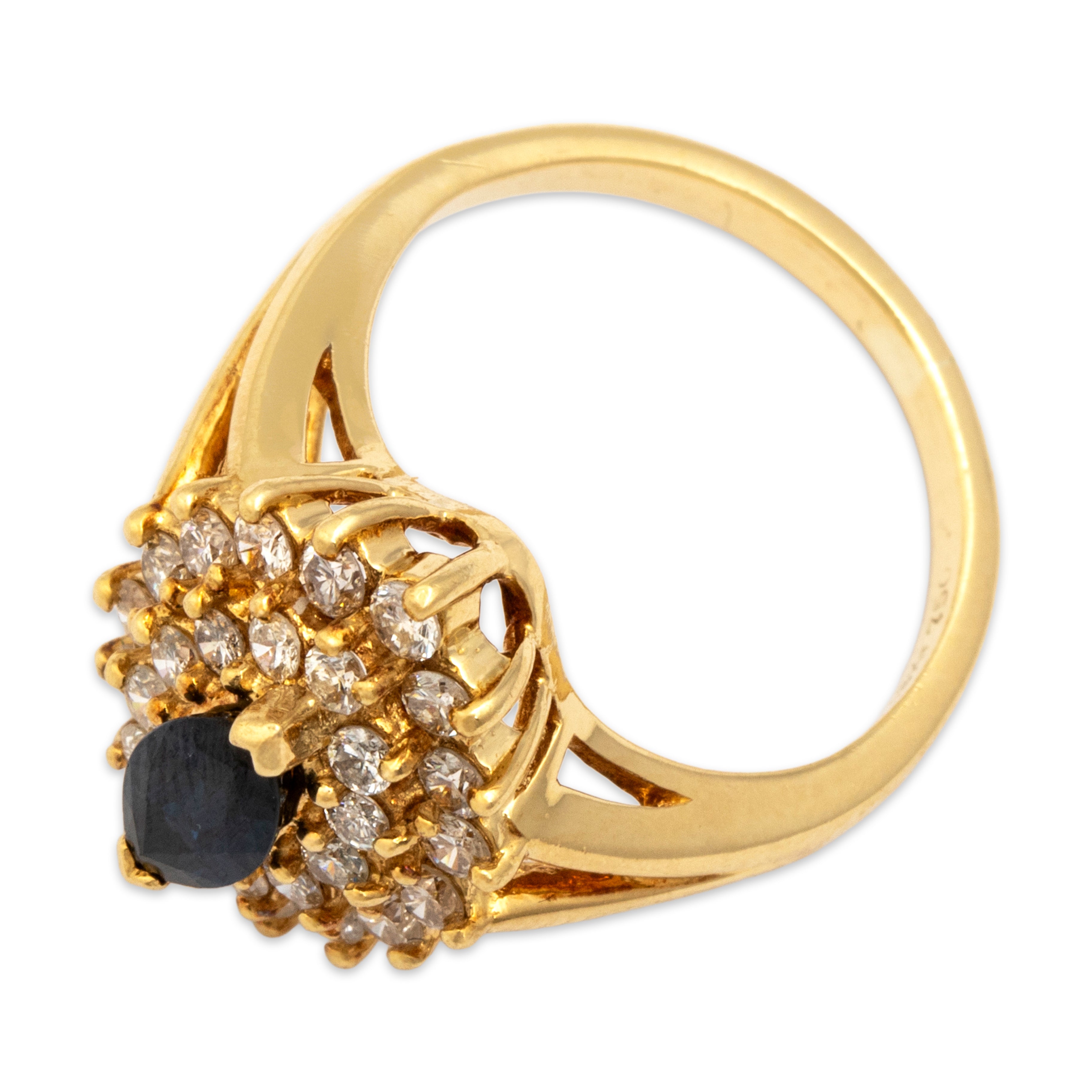 Vintage 18k Yellow Gold .55cttw Diamond .52ct Blue Sapphire Dazzling Marquise Halo Ring - Overall view