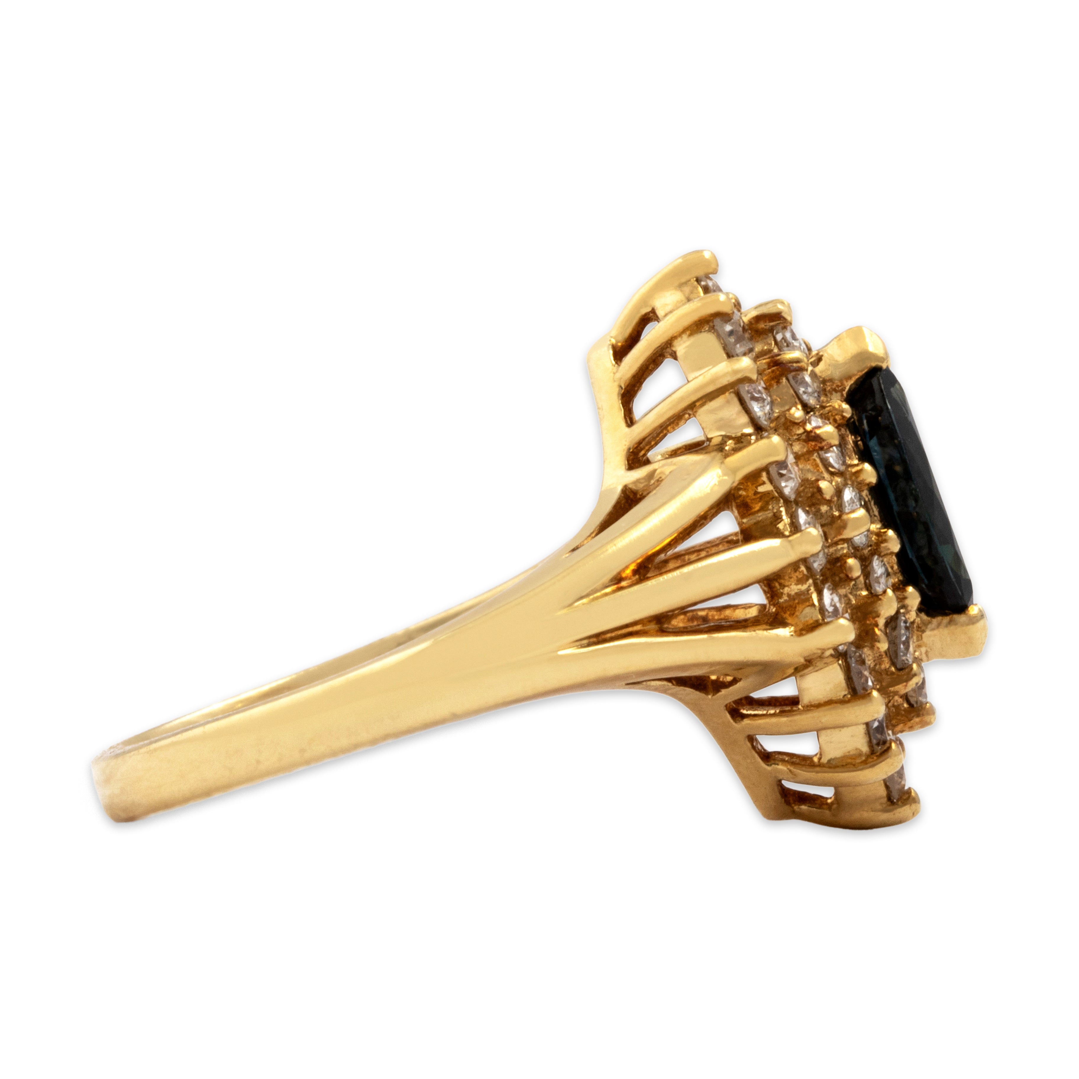 Vintage 18k Yellow Gold .55cttw Diamond .52ct Blue Sapphire Dazzling Marquise Halo Ring - Side view