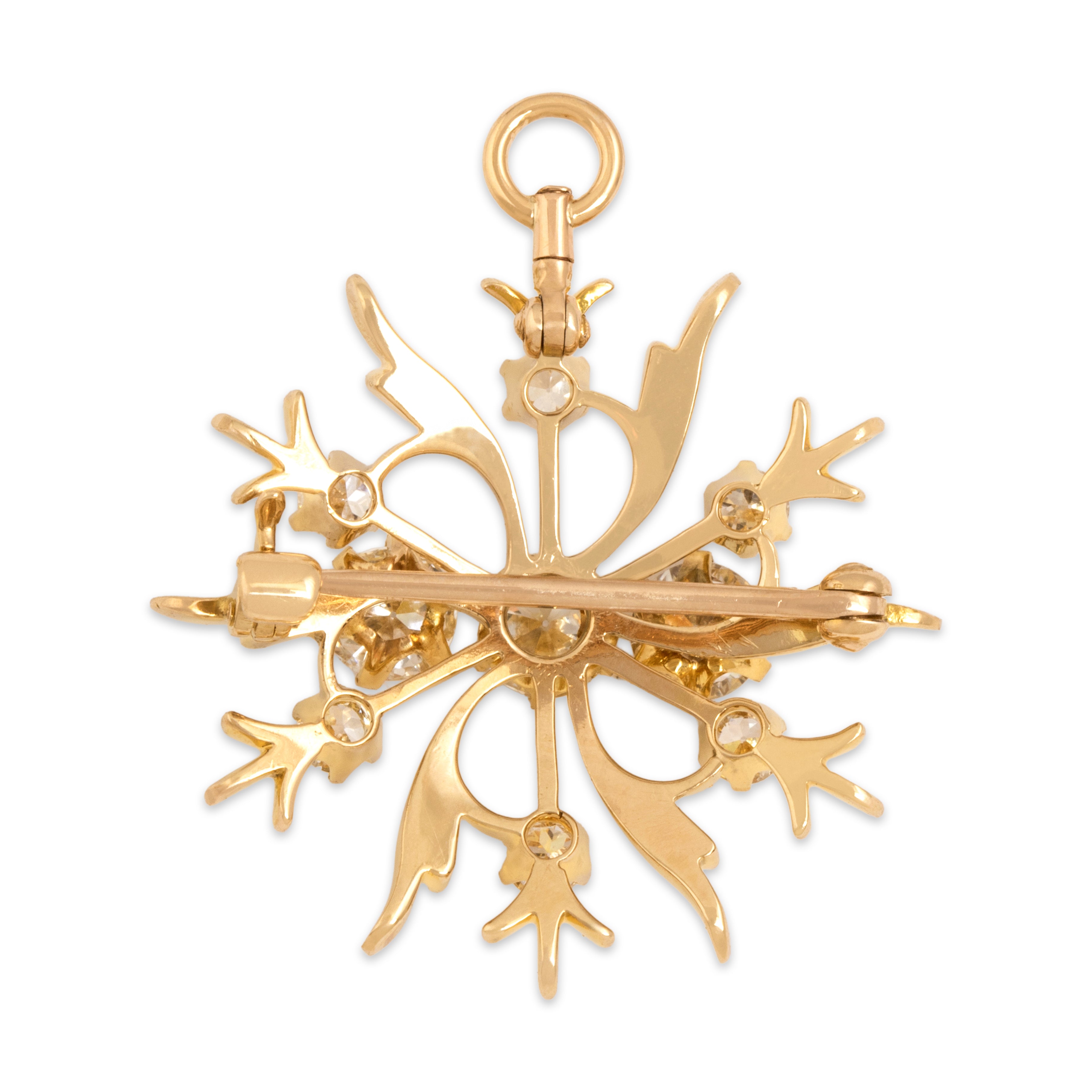 Antique 14k Yellow Gold 1.65cttw Old European Old Mine Cut Diamond Swirling Sunburst Pin / Pendant - Back view
