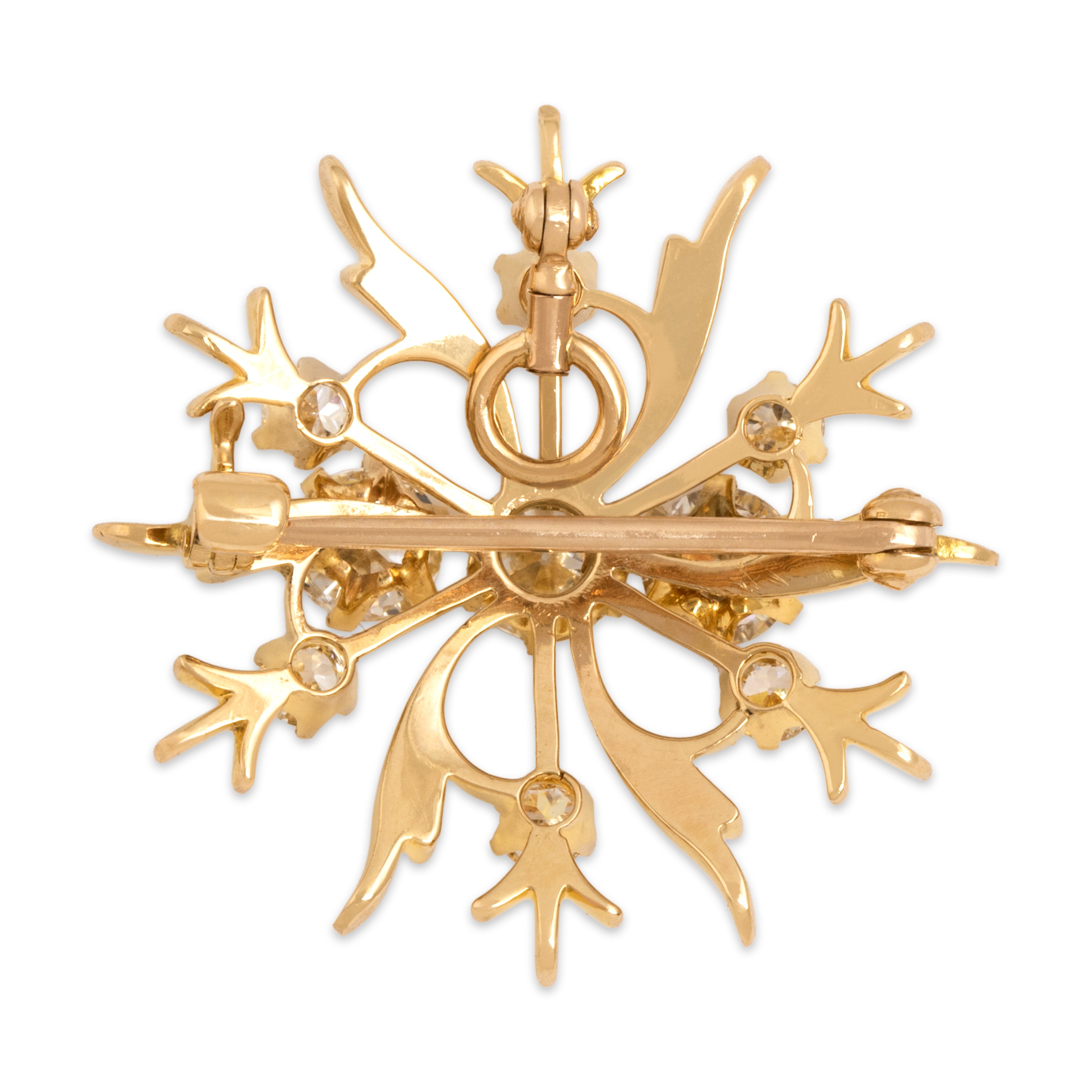 Antique 14k Yellow Gold 1.65cttw Old European Old Mine Cut Diamond Swirling Sunburst Pin / Pendant - detail view #1