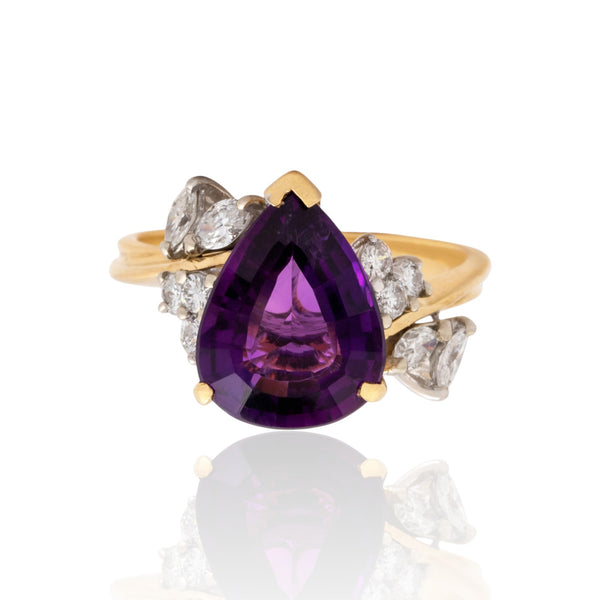 Vintage 18k Yellow & White Gold 2.68ct Amethyst Diamond Bright Cocktail Ring 6.25