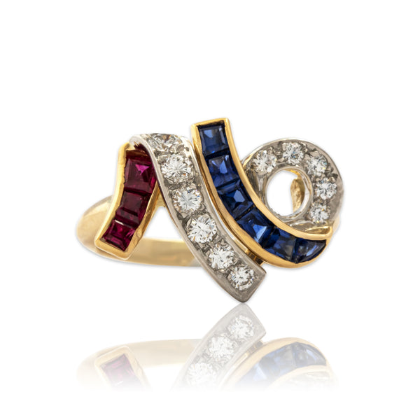 Vintage 14k Yellow Gold Blue Sapphire Diamond Ruby Sparkling Patriotic 