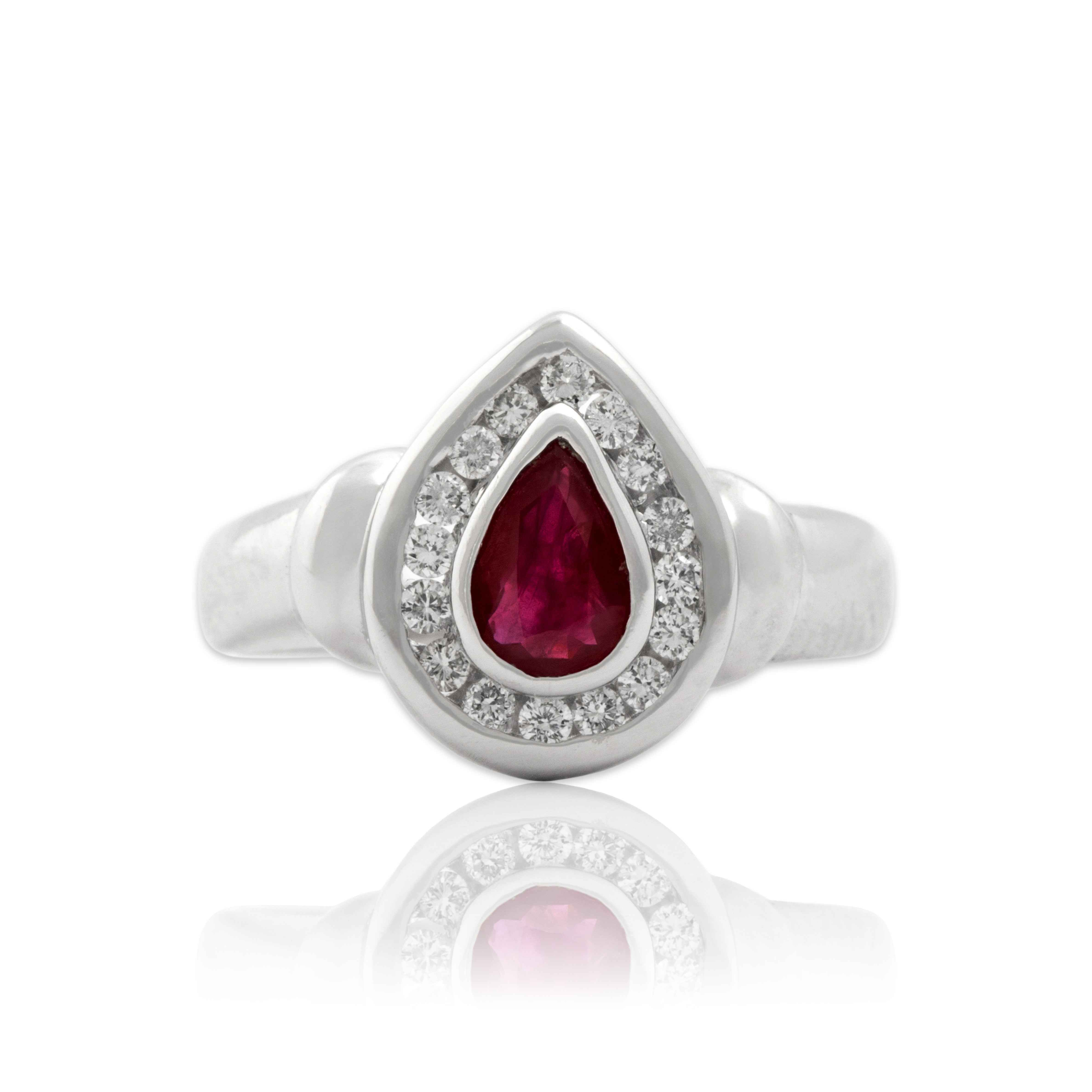 Vintage 14k White Gold Ruby Diamond Superb Pear Halo Ring 4.75