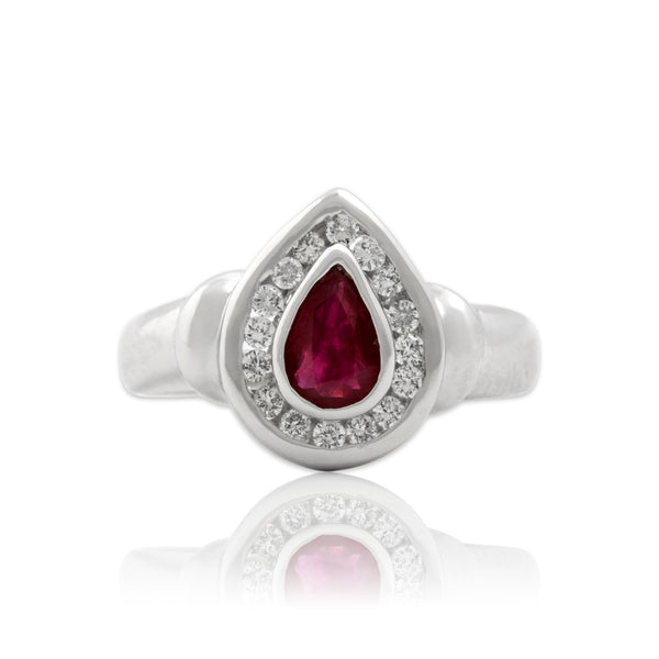 Vintage 14k White Gold Ruby Diamond Superb Pear Halo Ring 4.75