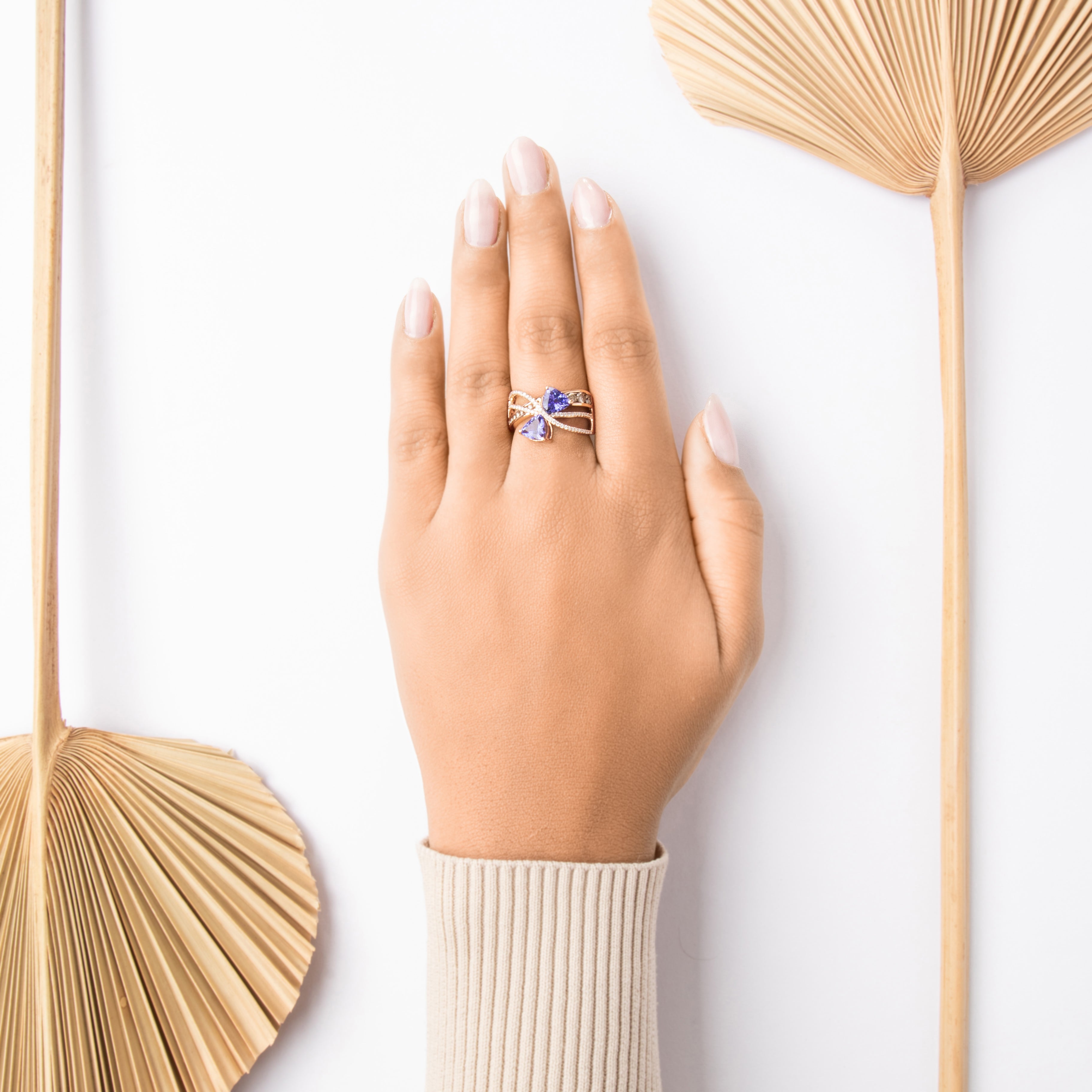 Estate 14k Rose Gold 2.18cttw Tanzanite Chocolate Diamond White Diamond Overlapping Twist Swoosh Ring - On model view