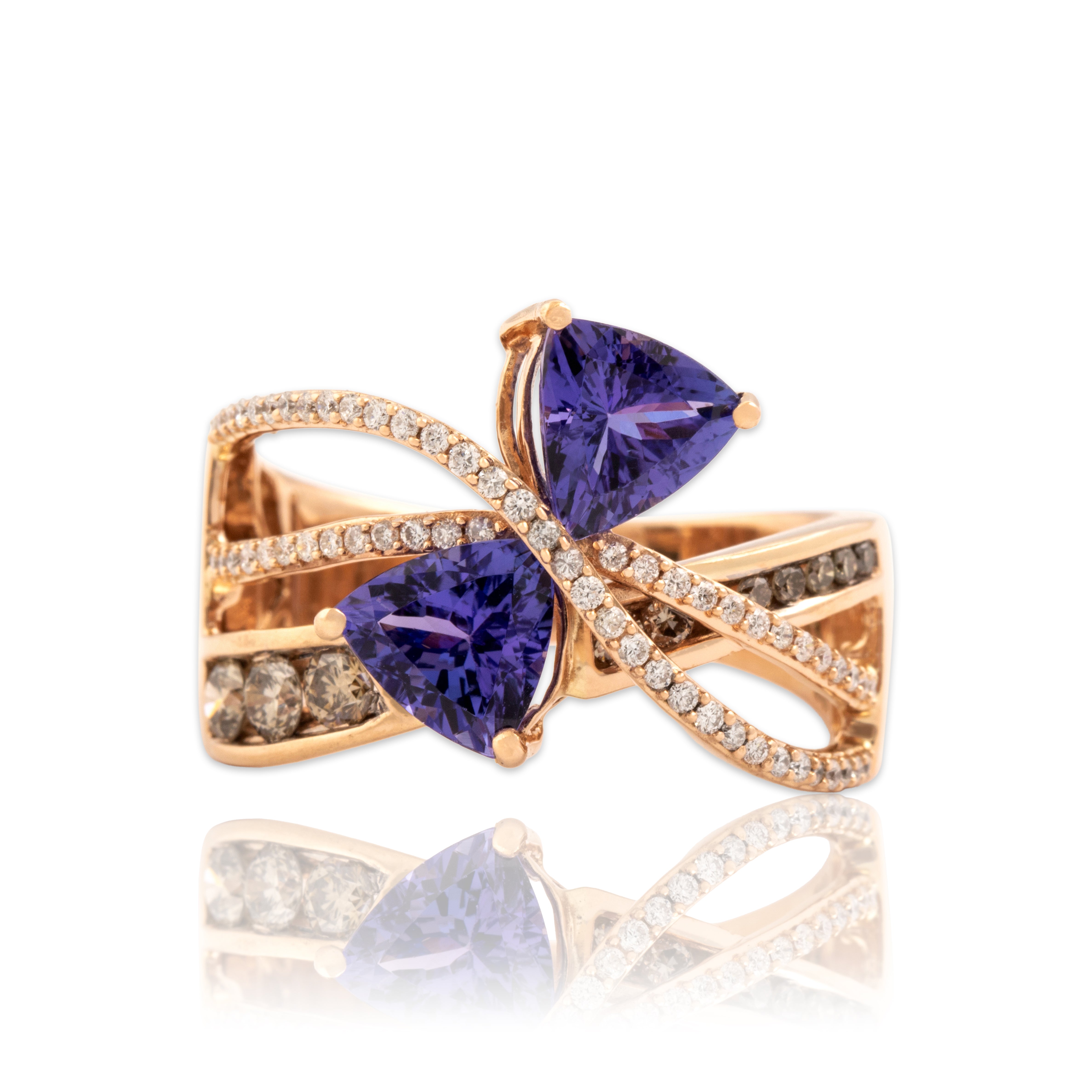 Estate 14k Rose Gold 2.18cttw Tanzanite Chocolate Diamond White Diamond Overlapping Twist Swoosh Ring - Close-up view