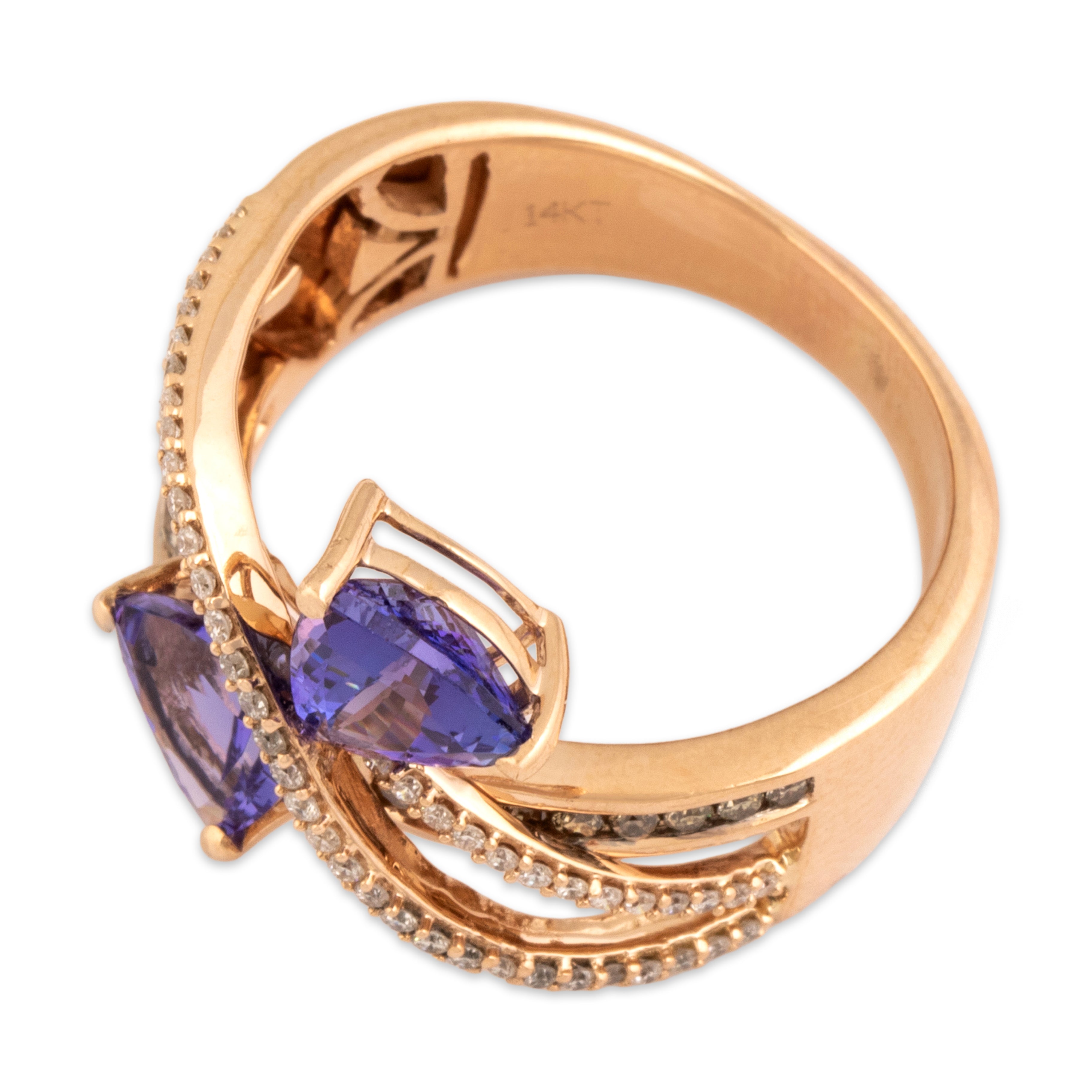 Estate 14k Rose Gold 2.18cttw Tanzanite Chocolate Diamond White Diamond Overlapping Twist Swoosh Ring - Overall view
