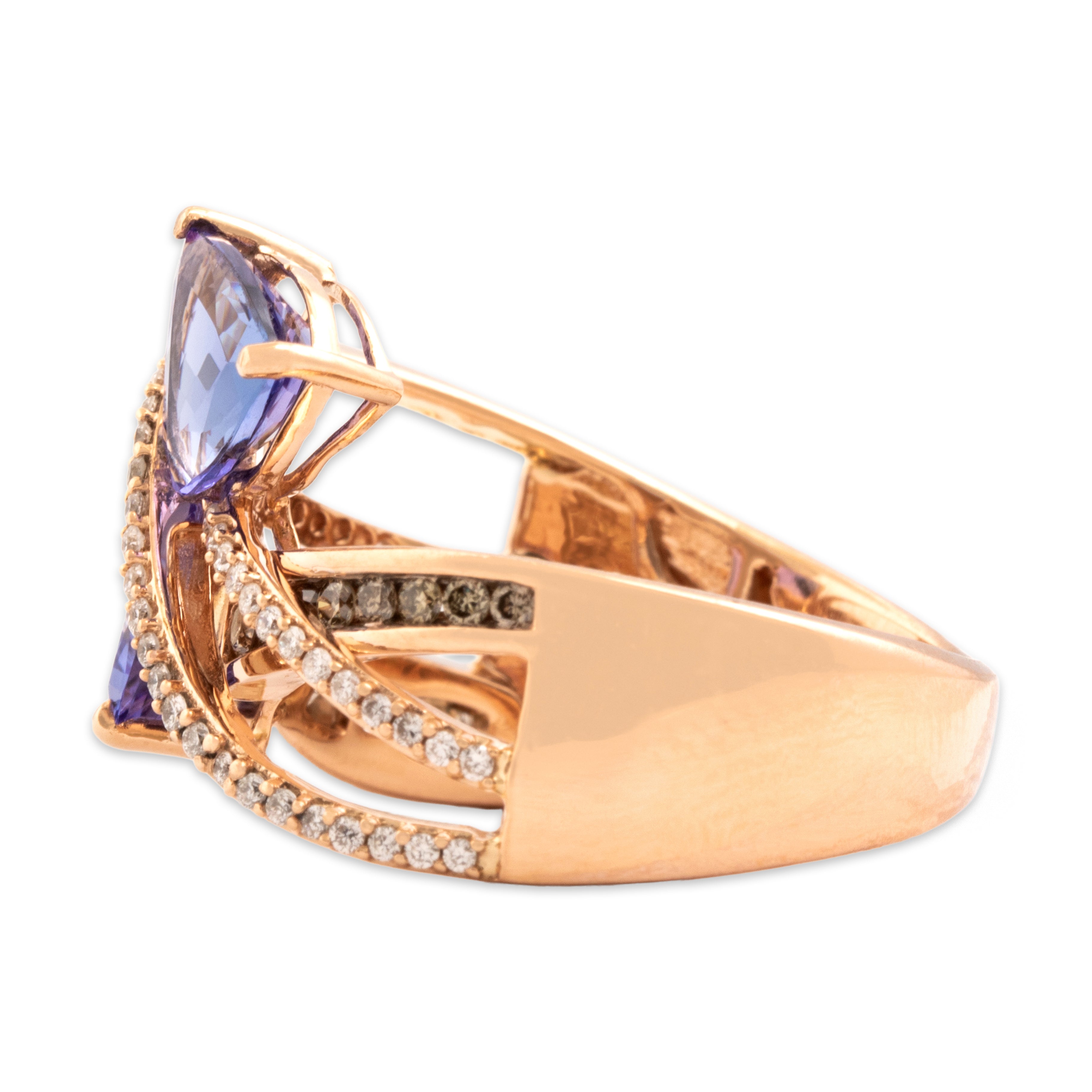 Estate 14k Rose Gold 2.18cttw Tanzanite Chocolate Diamond White Diamond Overlapping Twist Swoosh Ring - Side view