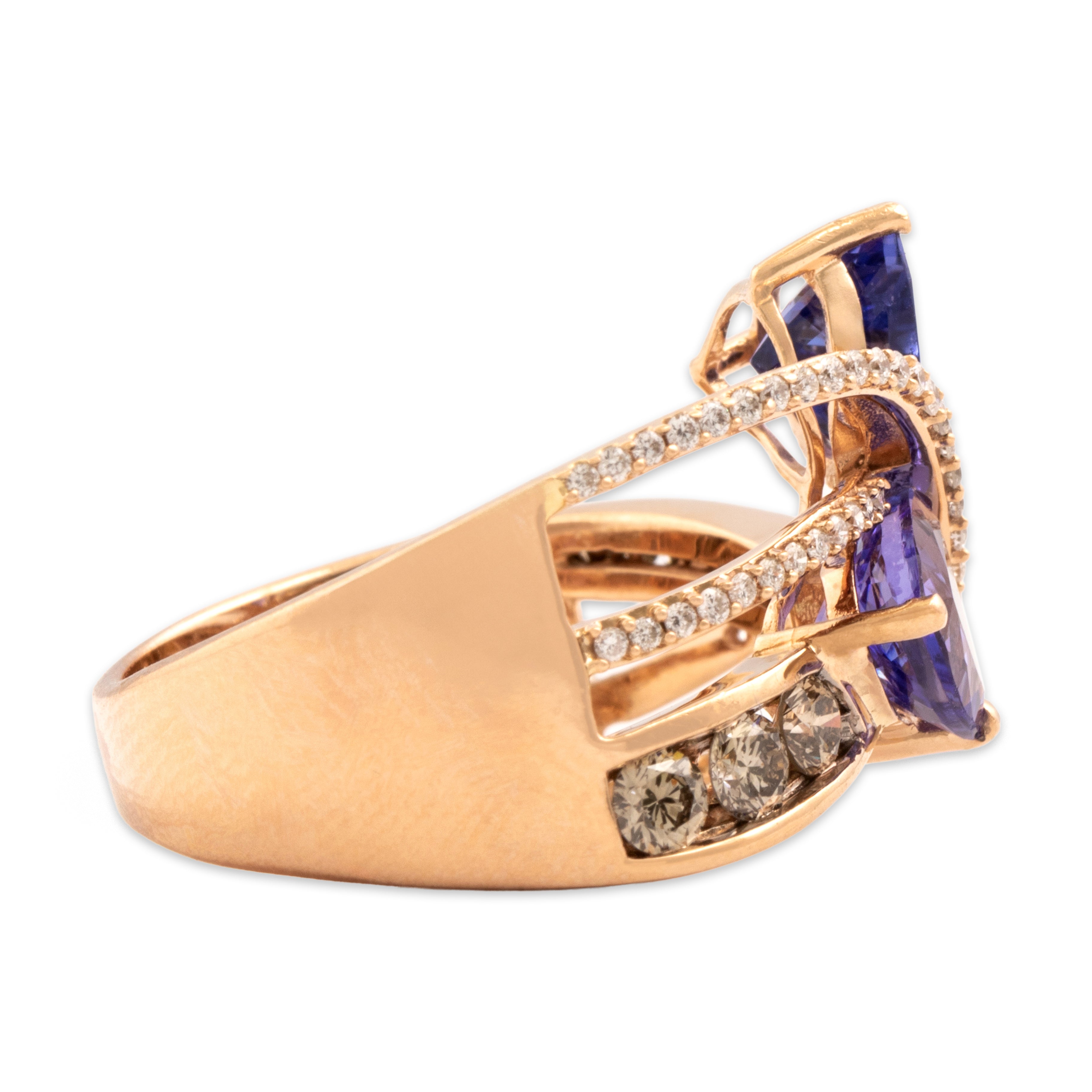 Estate 14k Rose Gold 2.18cttw Tanzanite Chocolate Diamond White Diamond Overlapping Twist Swoosh Ring - Side view