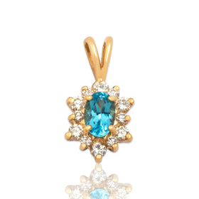 Vintage 14k Yellow Gold .57ct Blue Topaz Diamond Glittering Floral Pendant
