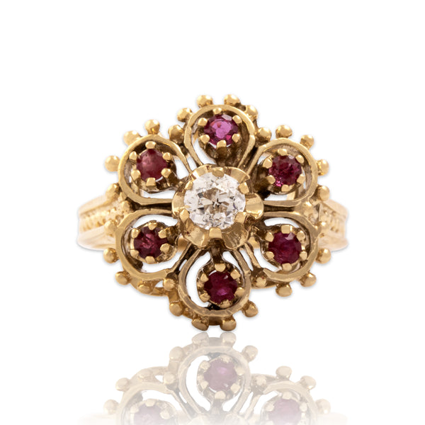 Vintage 10k Yellow Gold Old Mine Cut Diamond Ruby Dazzling Flower Ring 6.25
