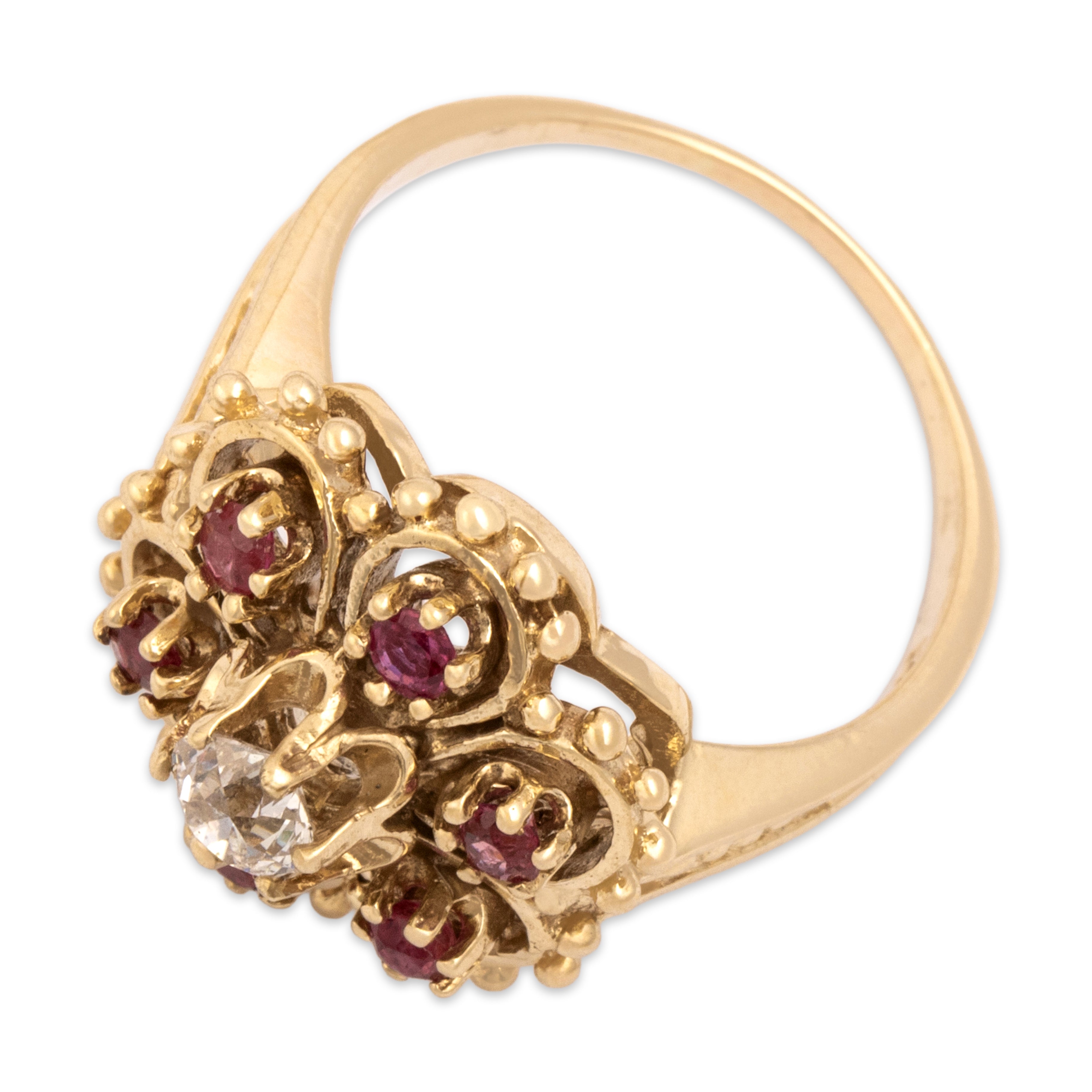 Vintage 10k Yellow Gold Old Mine Cut Diamond Ruby Dazzling Decorated Flower Ring - Overall view
