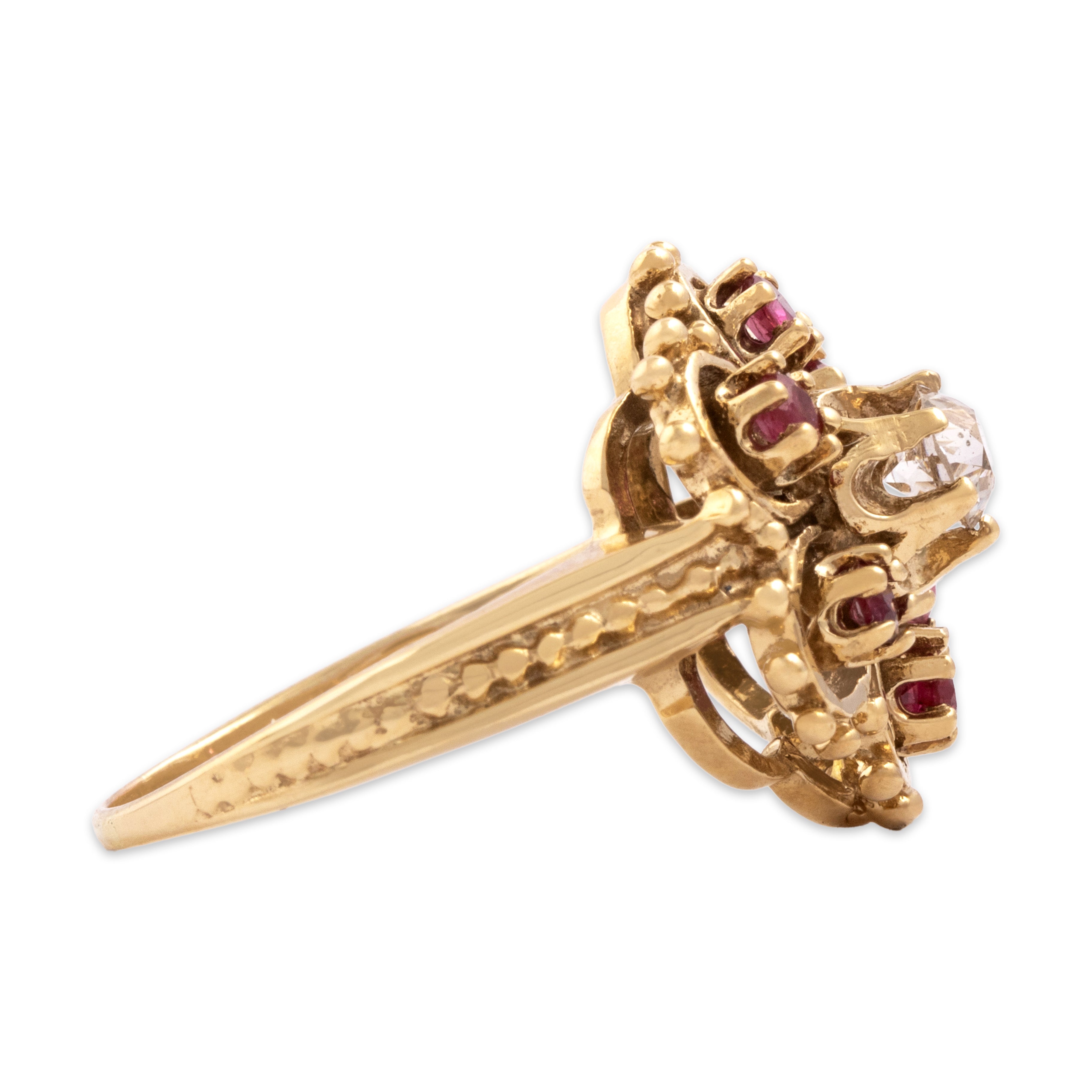 Vintage 10k Yellow Gold Old Mine Cut Diamond Ruby Dazzling Decorated Flower Ring - Side view