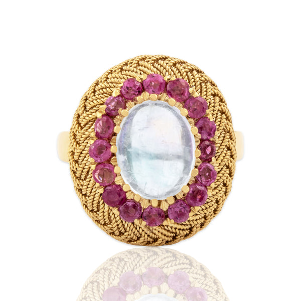 Vintage 18k Yellow Gold 1.9ct Moonstone .51cttw Ruby Flashing Woven Ring 6.00