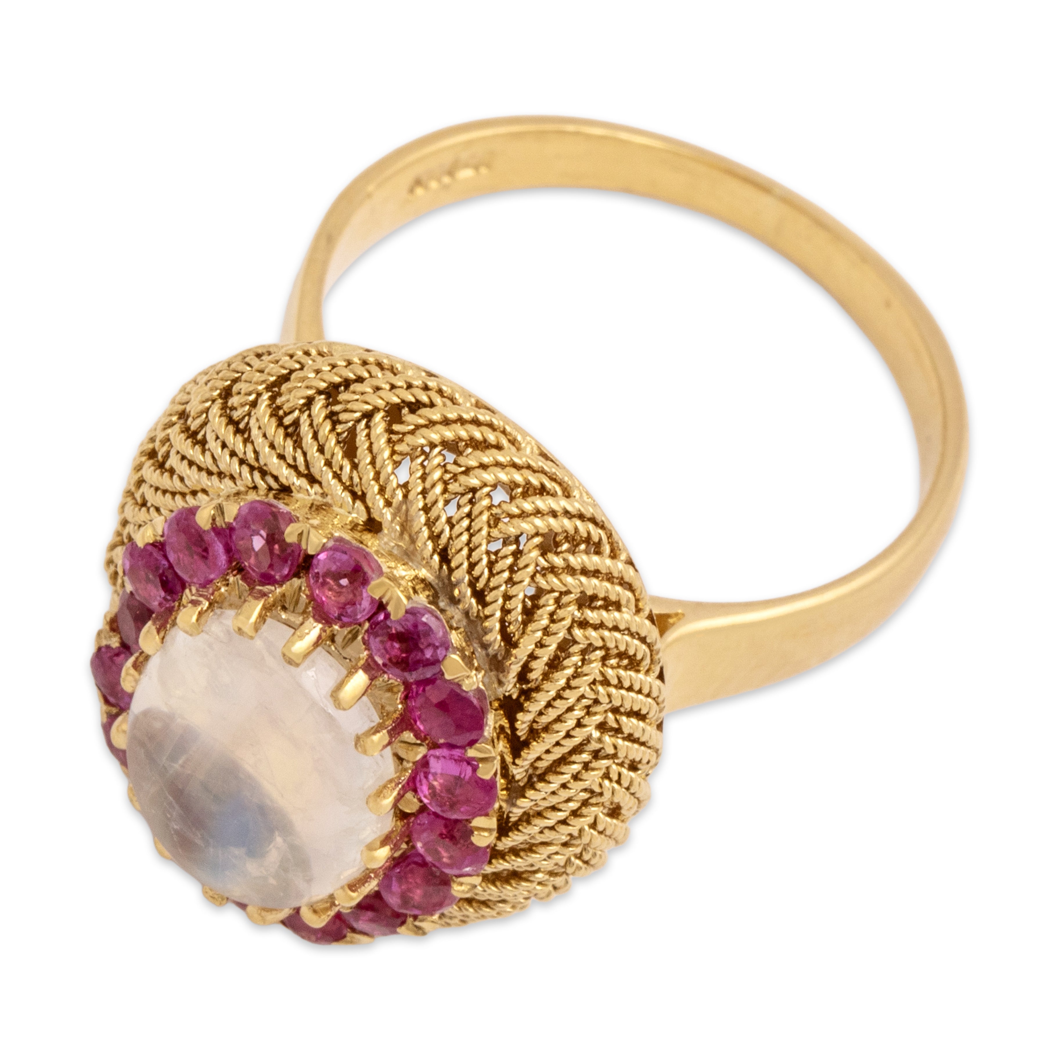 Vintage 18k Yellow Gold 1.9ct Moonstone .51cttw Ruby Flashing Woven Setting Ring - Overall view