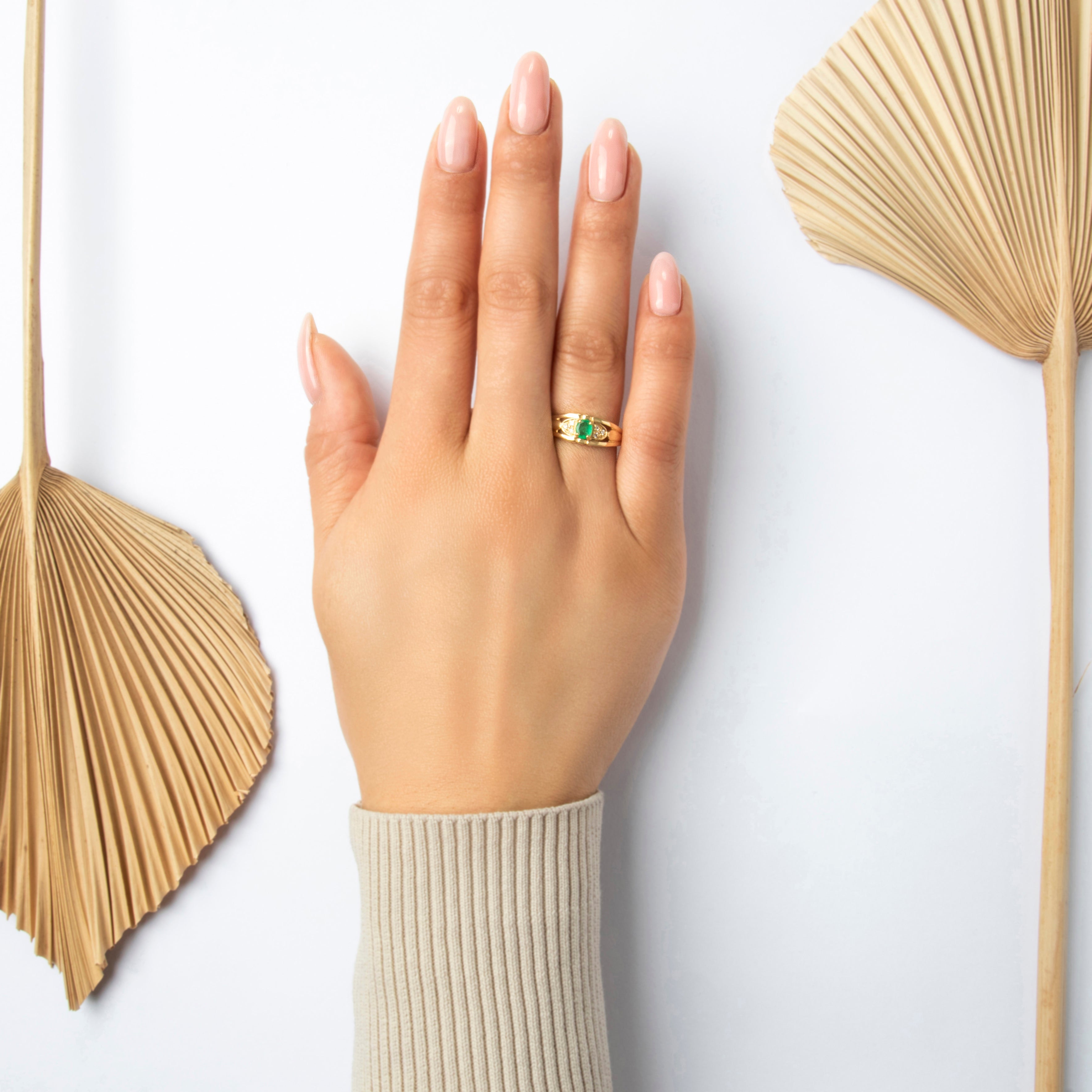 Vintage 18k Yellow Gold Emerald Diamond Fabulous Open Trio Accent Ring - On model view