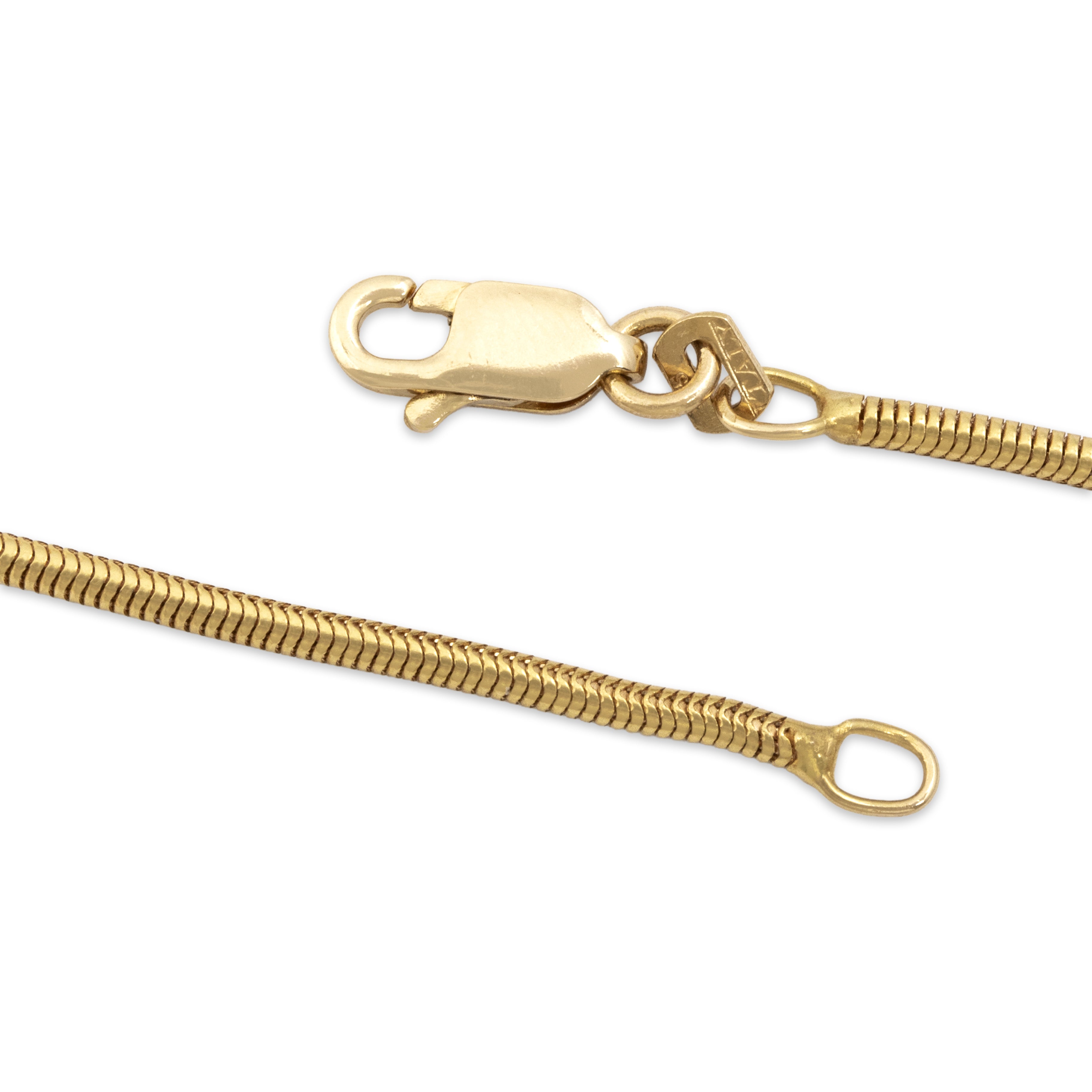 Vintage Italian 1.6mm 14k Yellow Gold Sleek Snake Chain Link Chain - clasp view