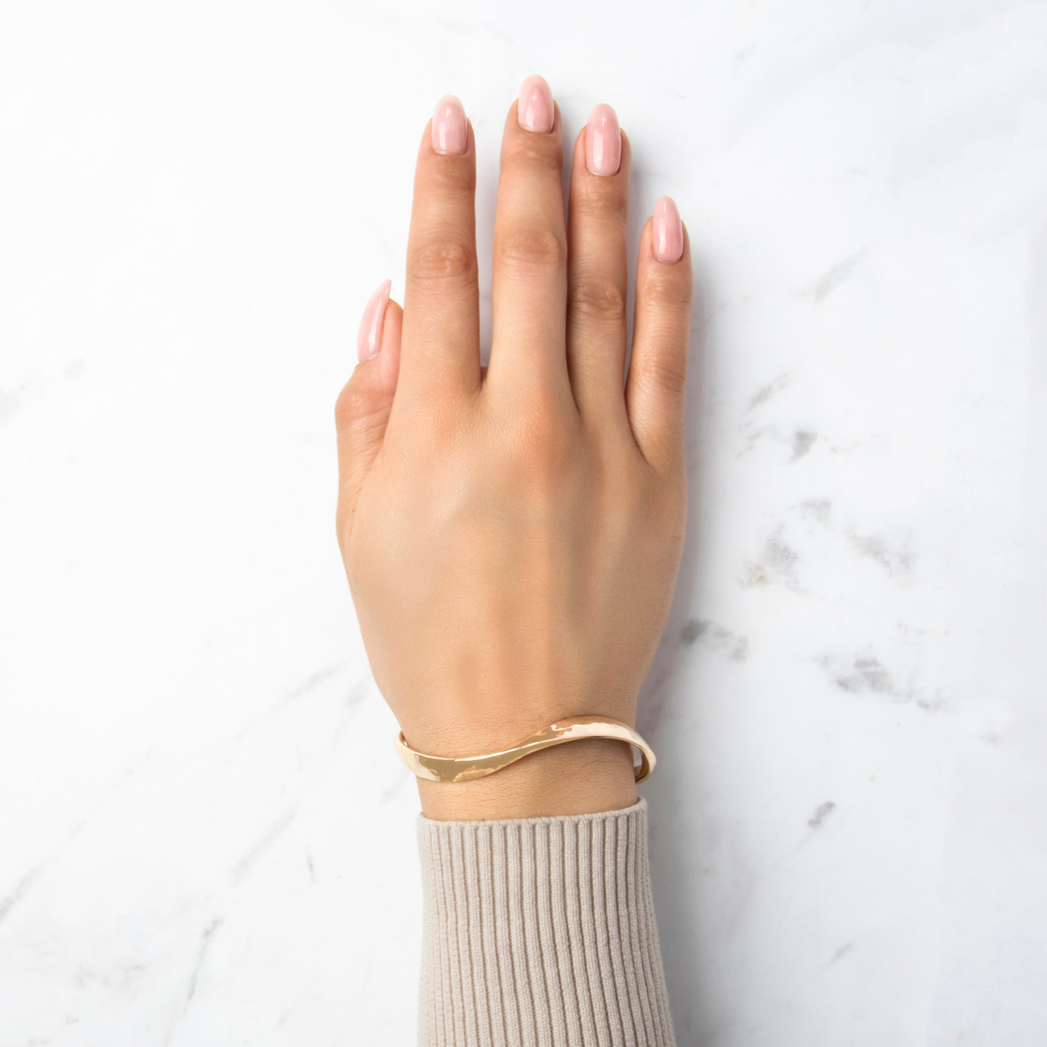 Vintage Heavy Substantial Artistic Hammered Twist Cuff Bracelet 14k Yellow Gold - On model view