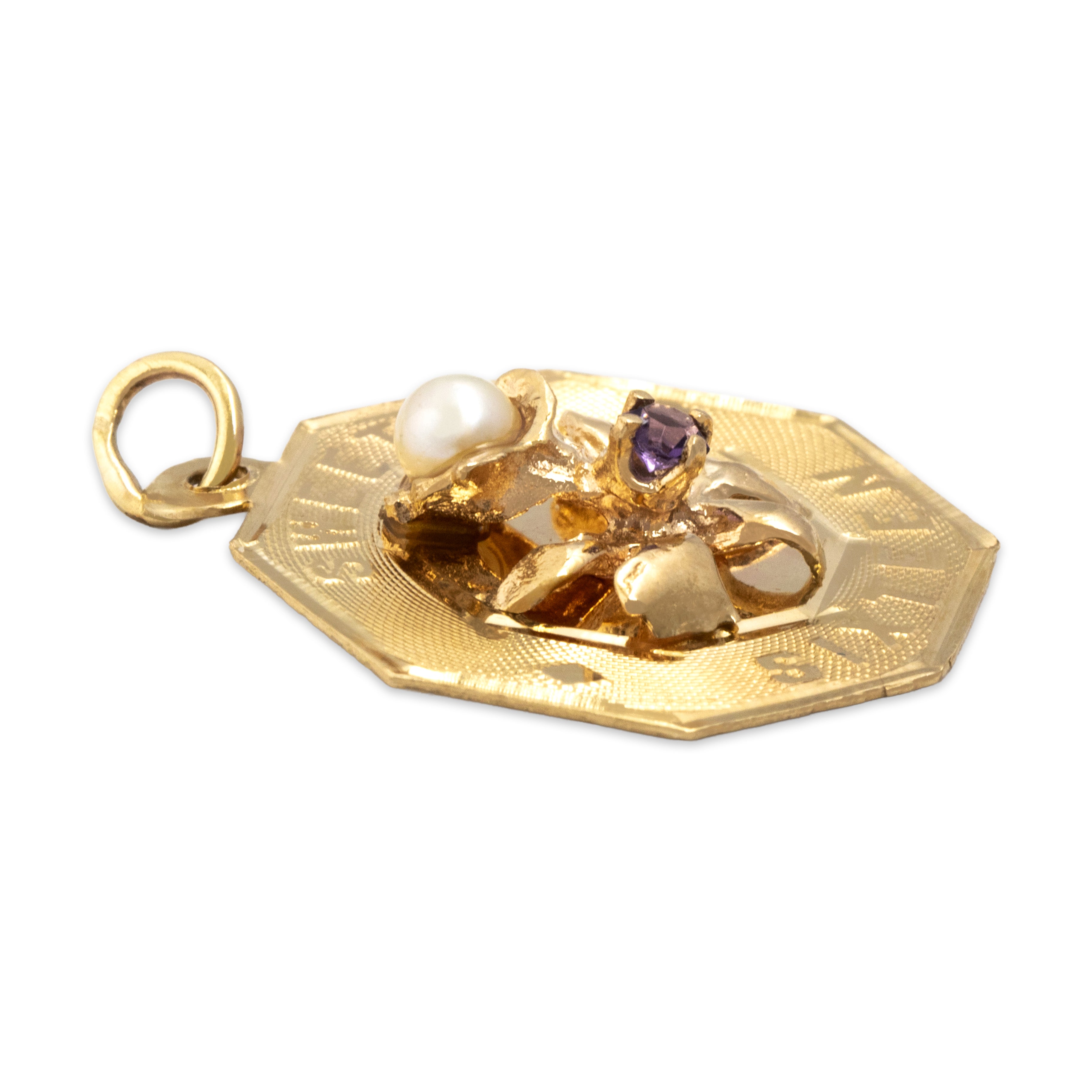 Vintage 14k Yellow Gold Purple Glass Pearl Sweet Sixteen Iris Pendant - Side view
