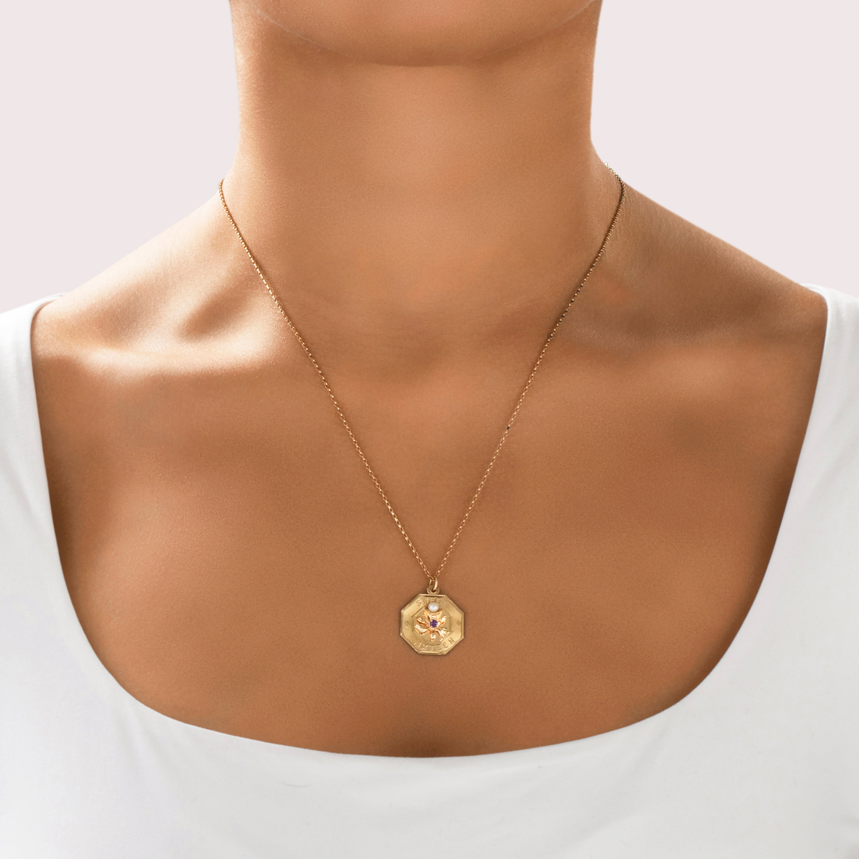 Vintage 14k Yellow Gold Purple Glass Pearl Sweet Sixteen Iris Pendant - On model view