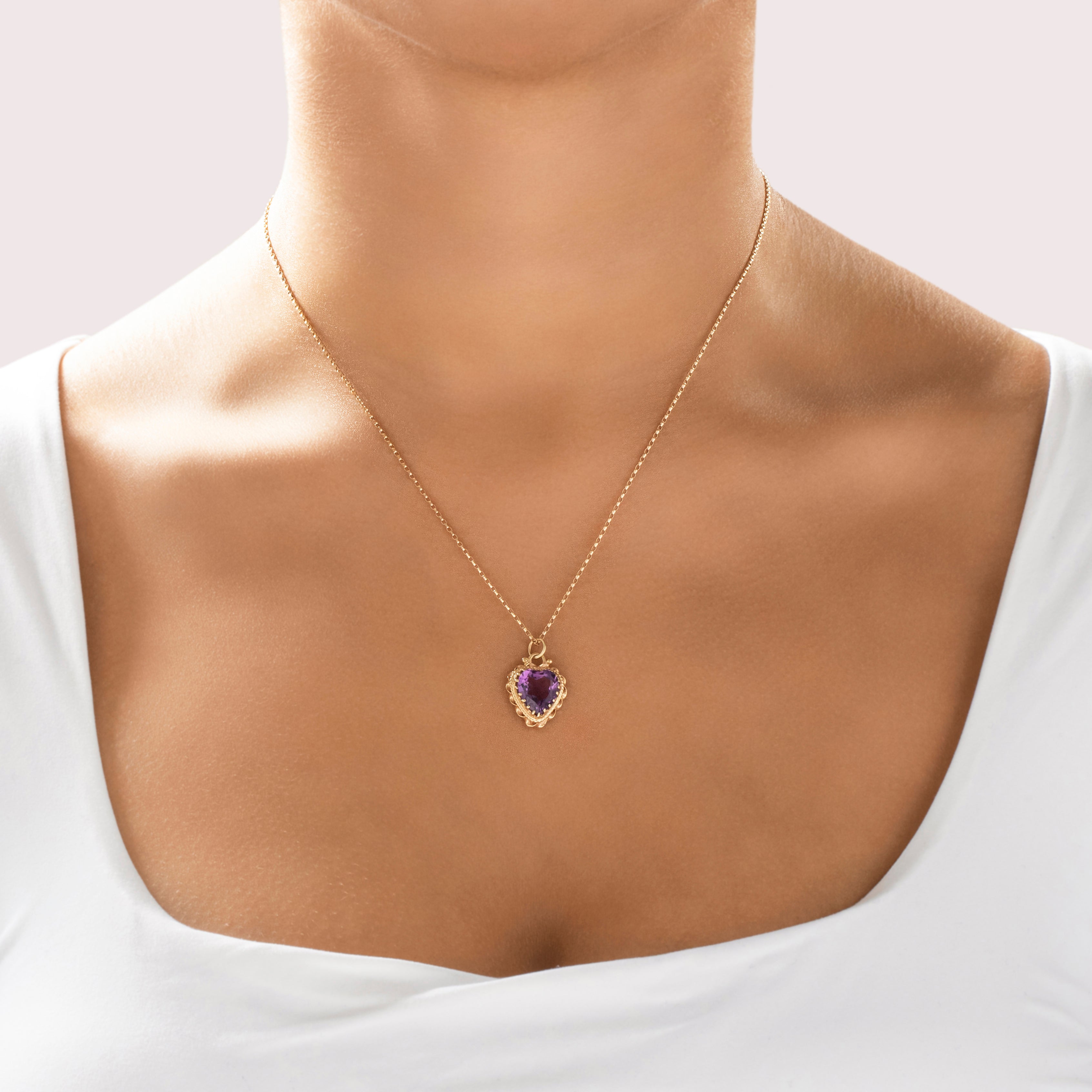 Vintage 14k Yellow Gold Amethyst Heart Shaped Pendant - On model view