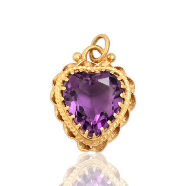 Vintage 14k Yellow Gold 2.5ct Amethyst Sweet Heart Cabled Pendant