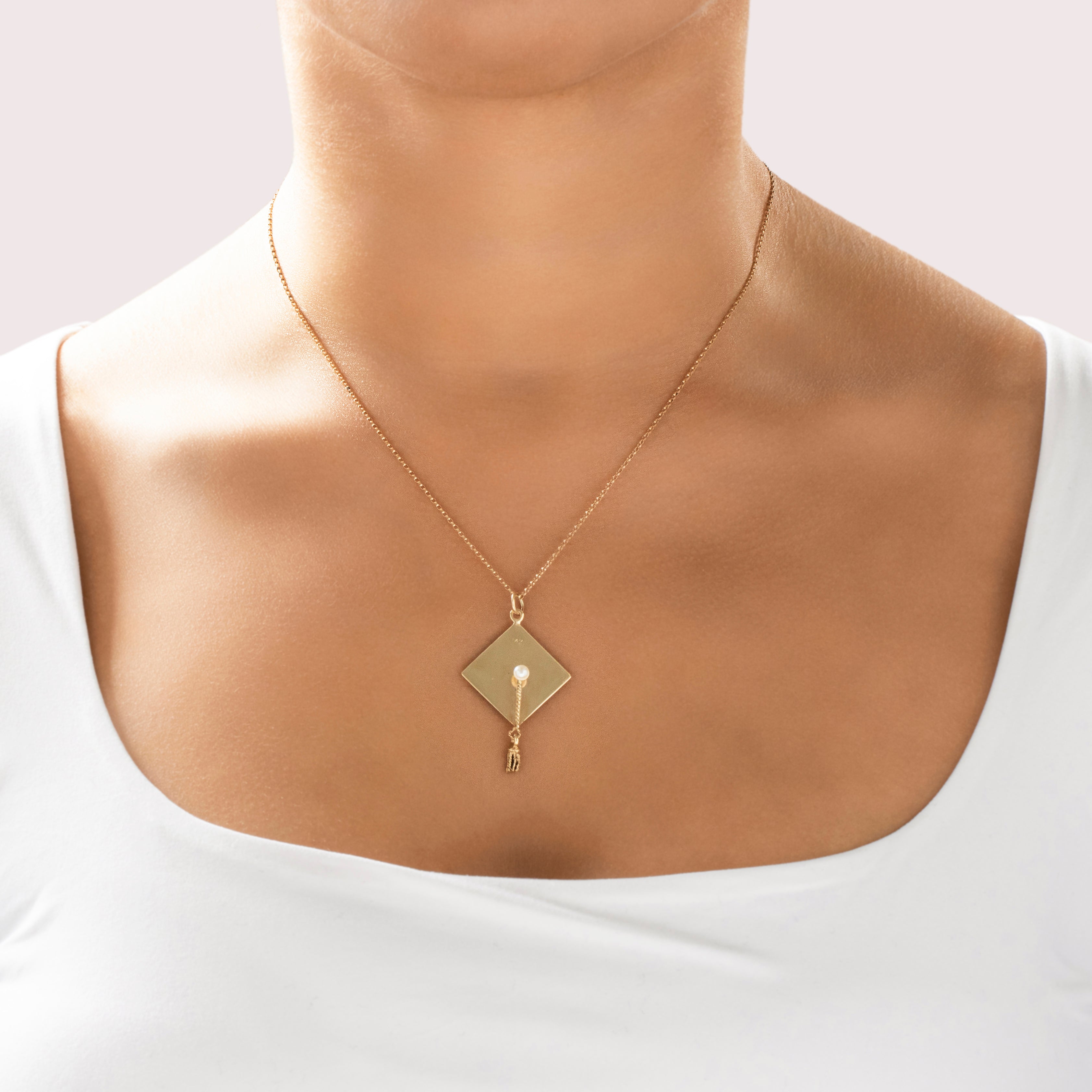 Vintage 14k Yellow Gold Pearl Celebratory Graduation Cap Charm / Pendant - On model view
