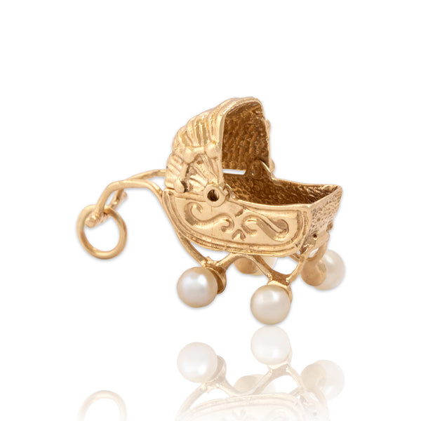 Vintage 14k Yellow Gold Pearl Adorable Baby Carriage Charm / Pendant