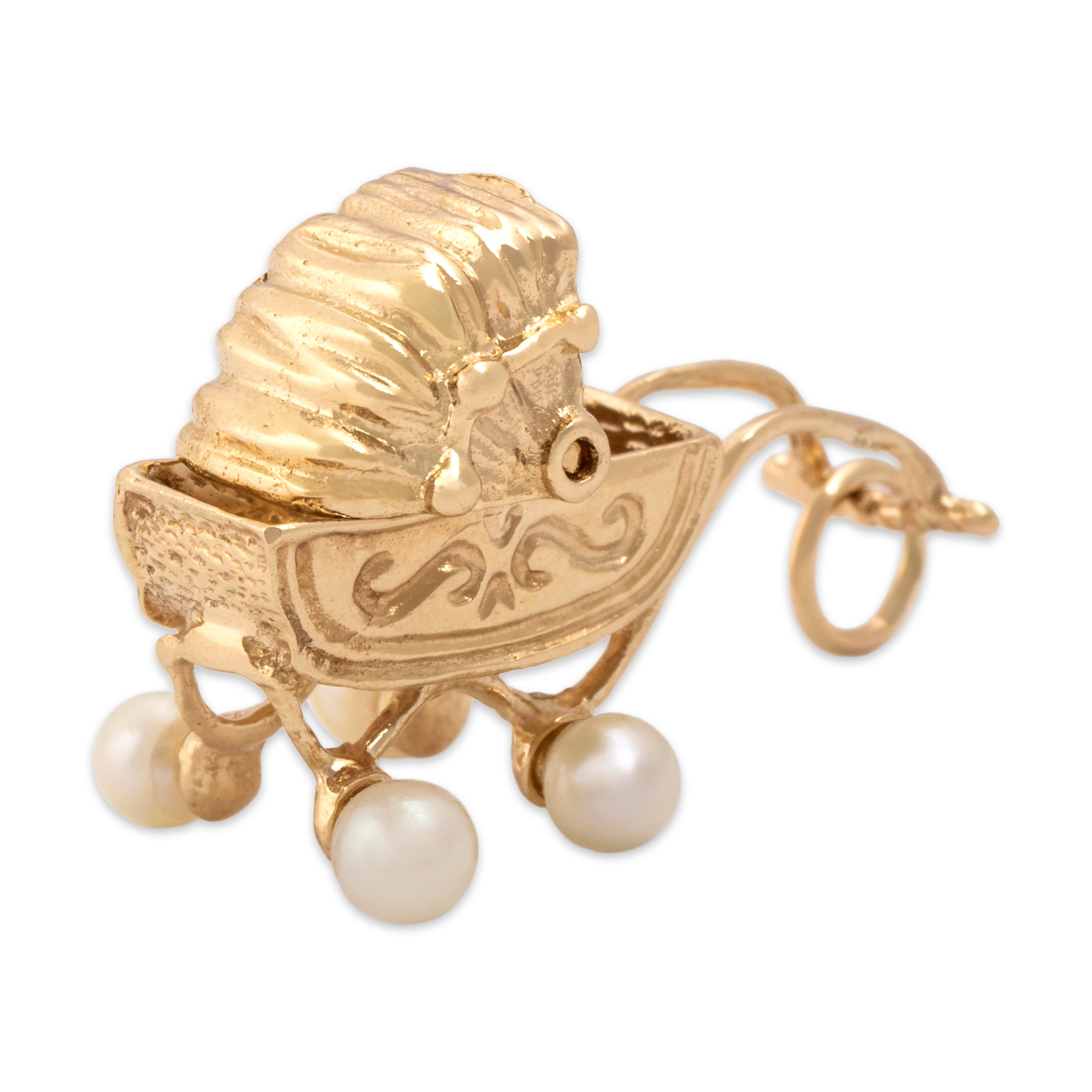 Vintage 14k Yellow Gold Pearl Adorable Baby Carriage Charm / Pendant - detail view #2