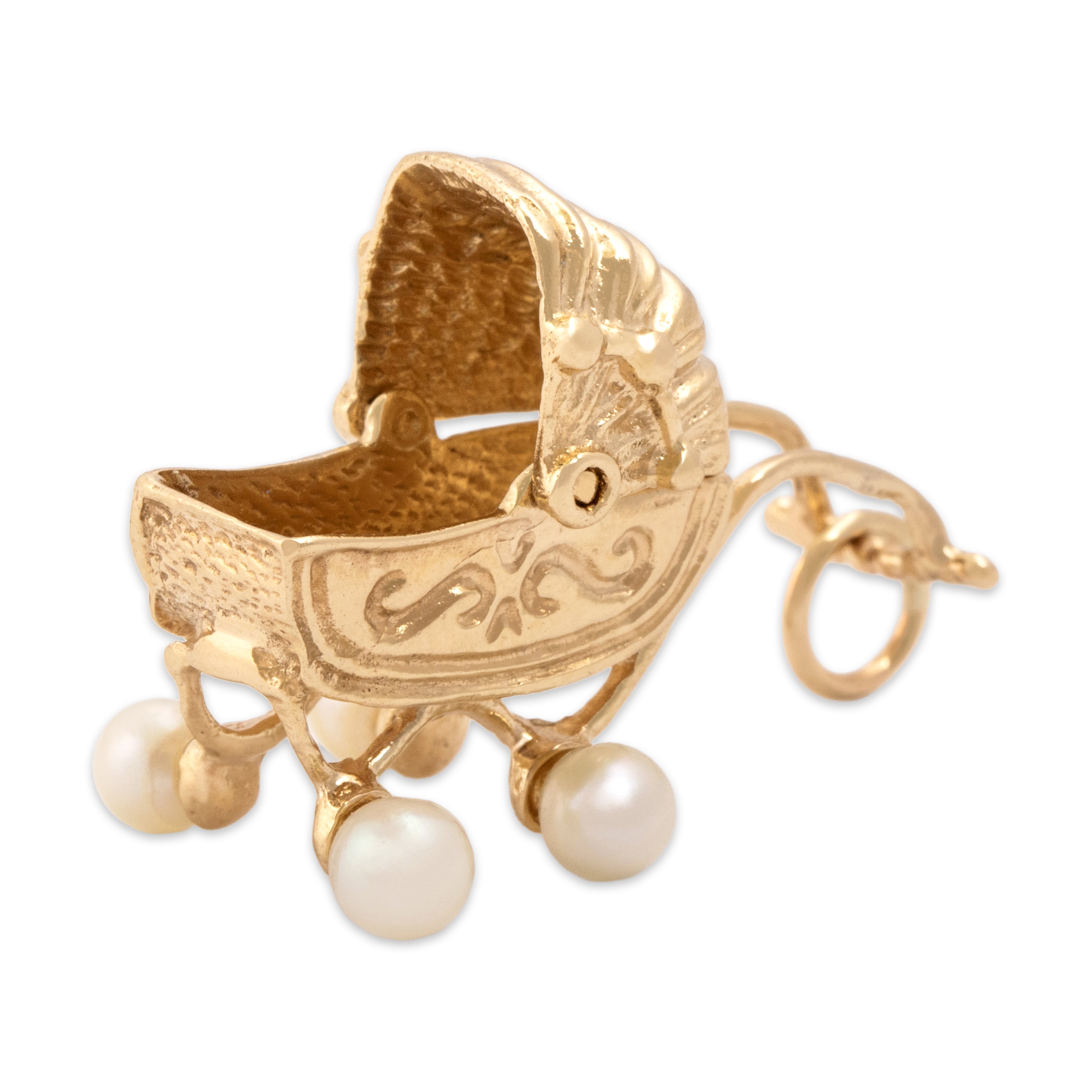 Vintage 14k Yellow Gold Pearl Adorable Baby Carriage Charm / Pendant - Overall view