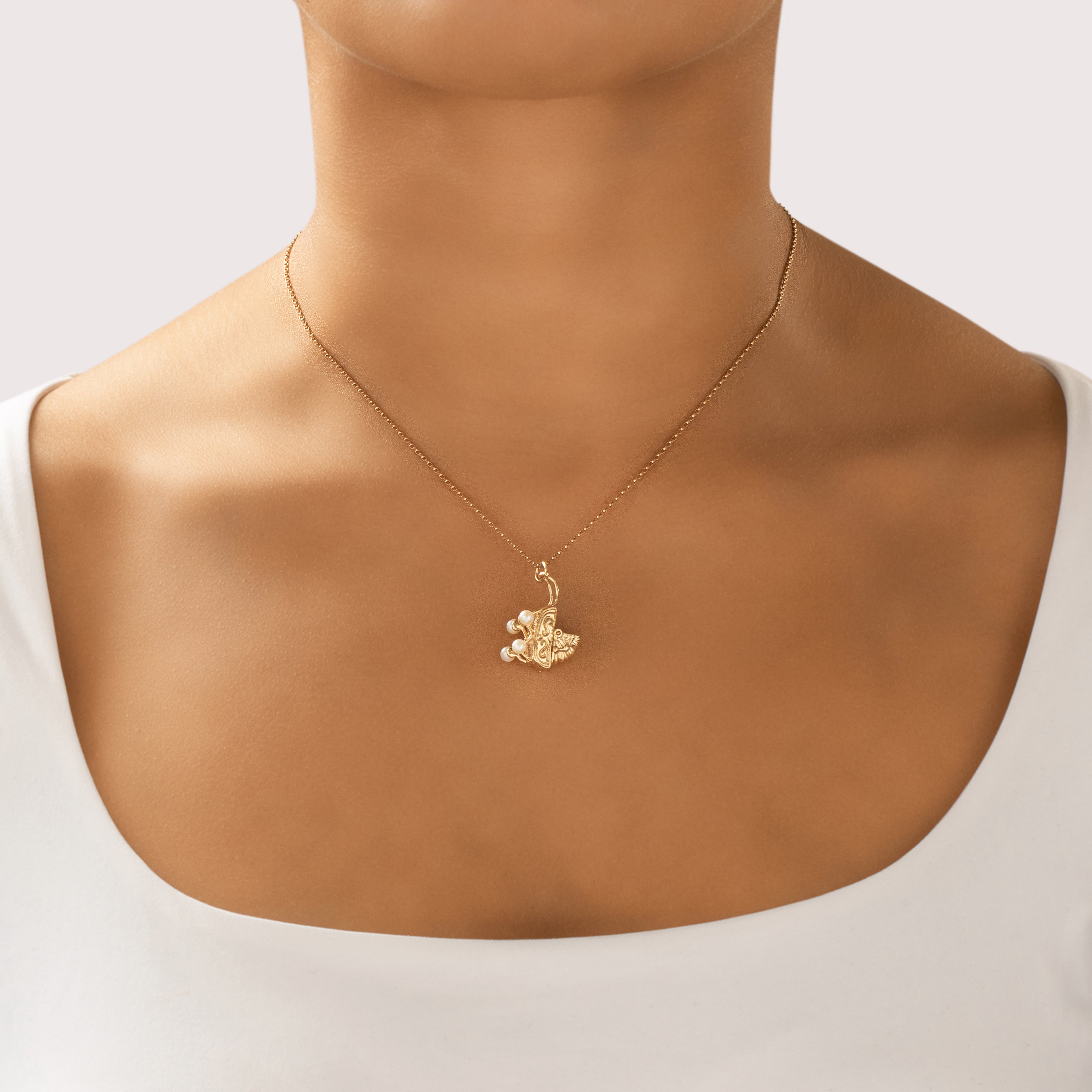Vintage 14k Yellow Gold Pearl Adorable Baby Carriage Charm / Pendant - On model view