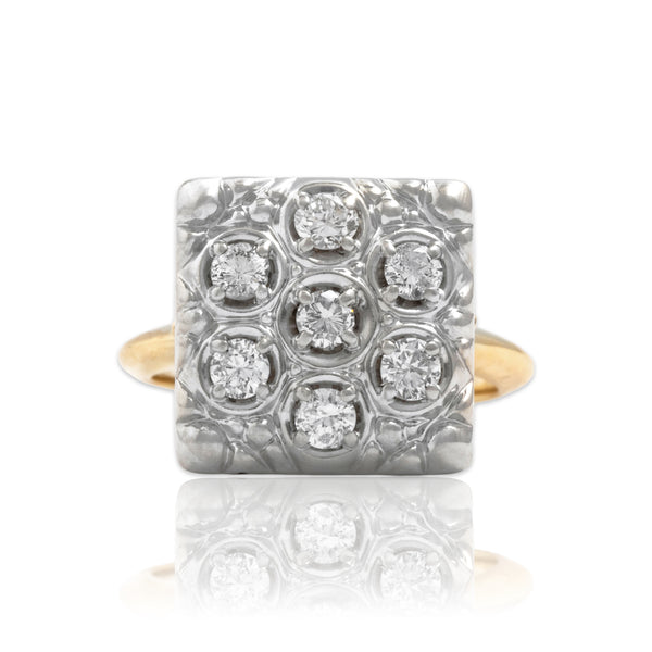 Vintage 14k Yellow & White Gold .42cttw Diamond Flashing Square Cocktail Ring 4.50