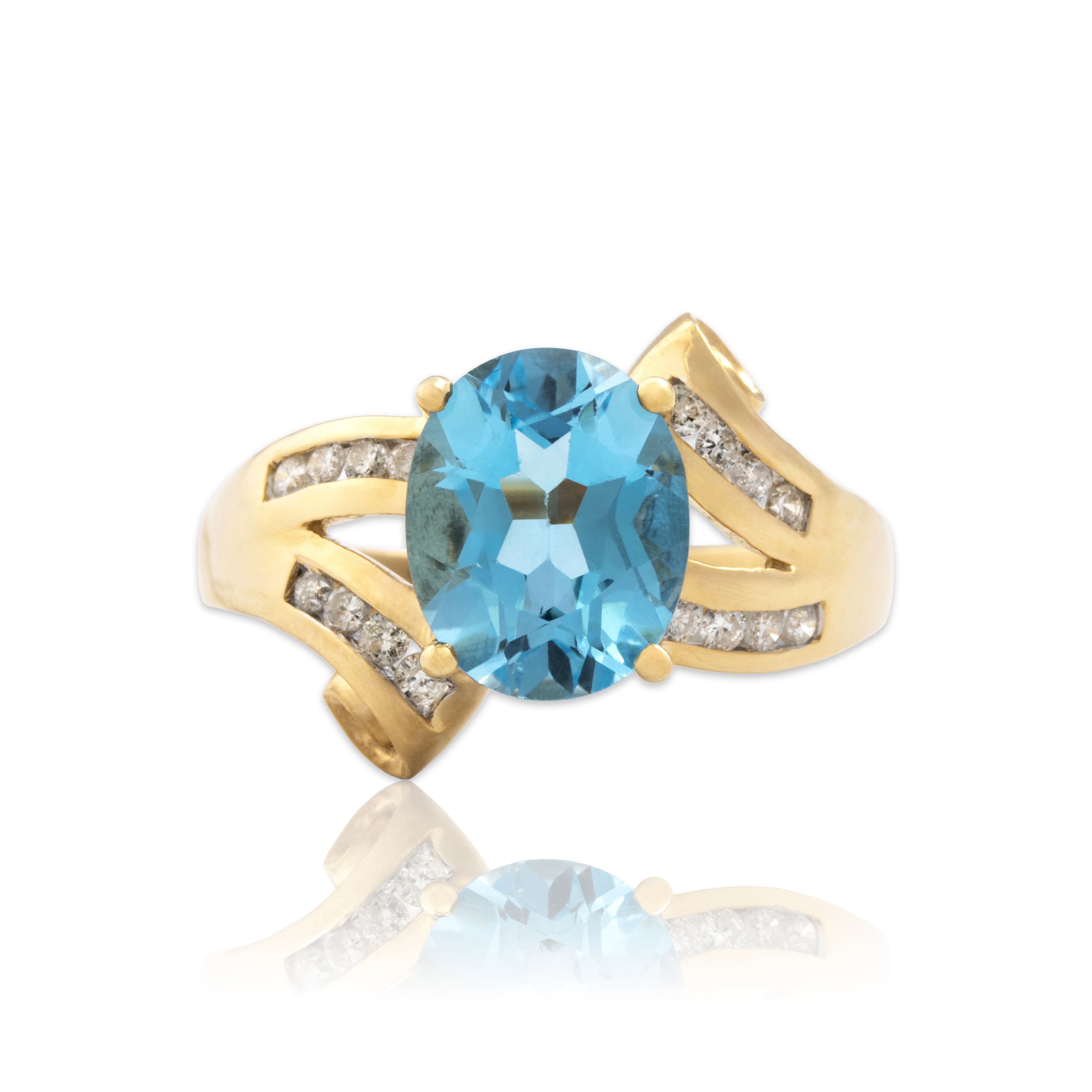 Vintage 14k Yellow Gold 3.1ct Blue Topaz Diamond Scrolling Open Shoulder Ring 6.75