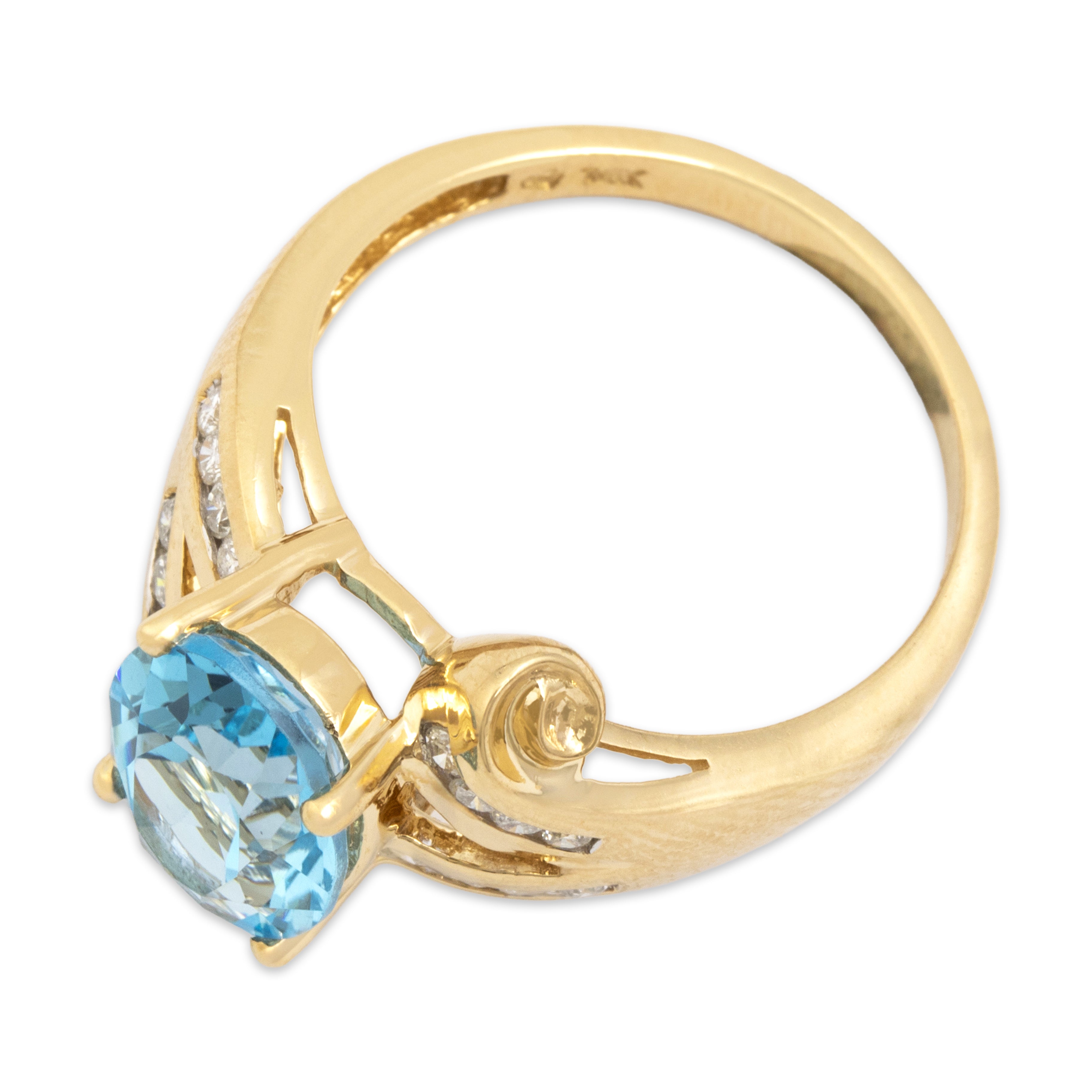 Vintage 14k Yellow Gold Blue Topaz Diamond Scrolling Open Shoulder Ring - Overall view