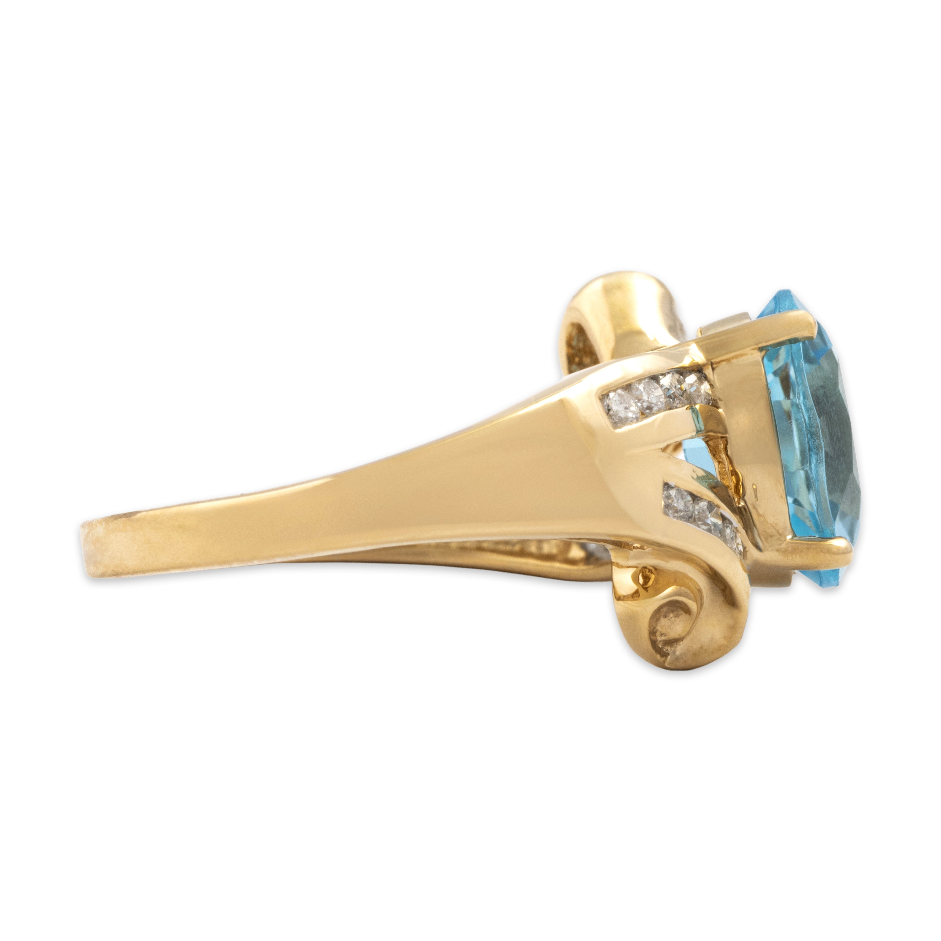 Vintage 14k Yellow Gold Blue Topaz Diamond Scrolling Open Shoulder Ring - Side view