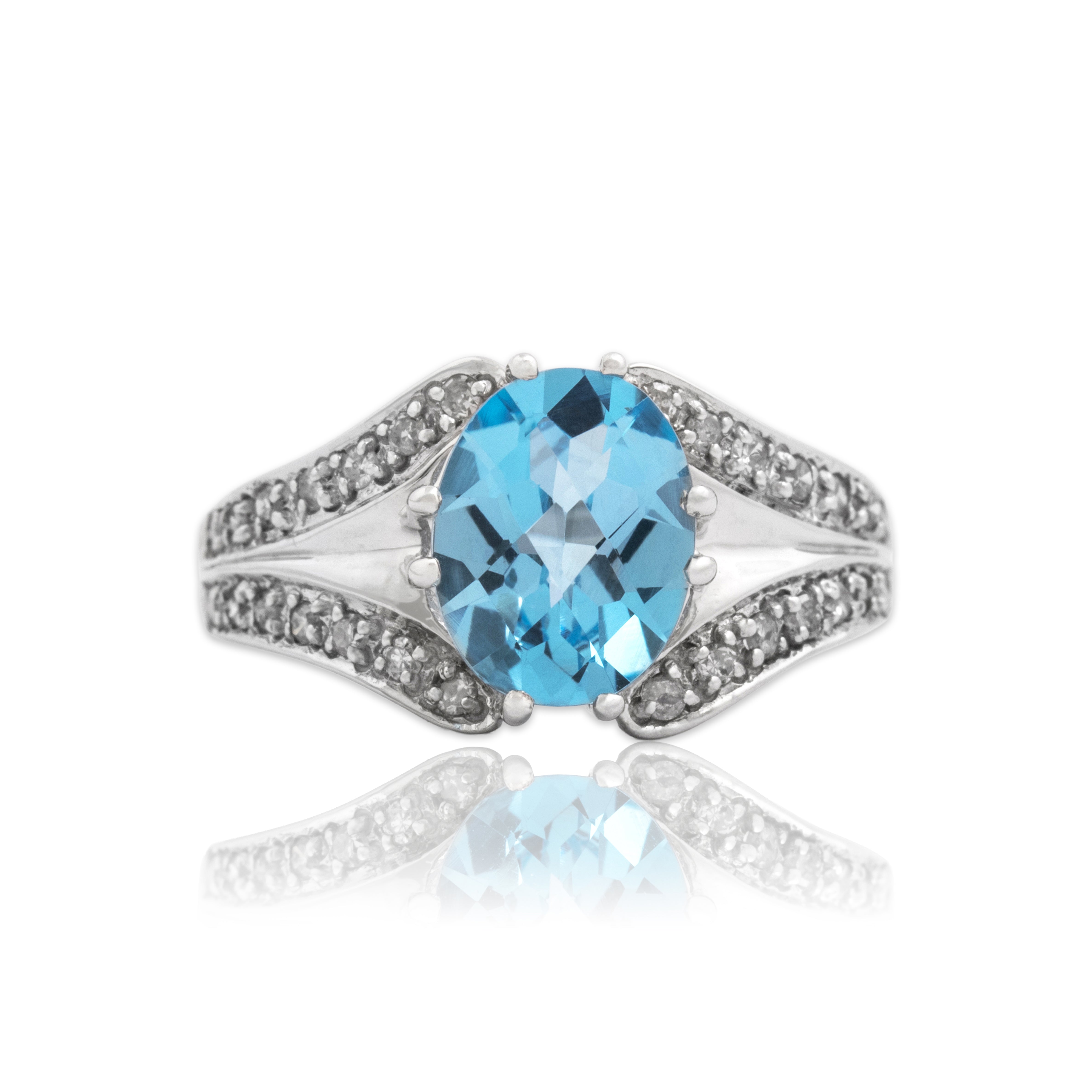 Vintage 14k White Gold Blue Topaz Diamond Pave Split Shank Ring - Close-up view