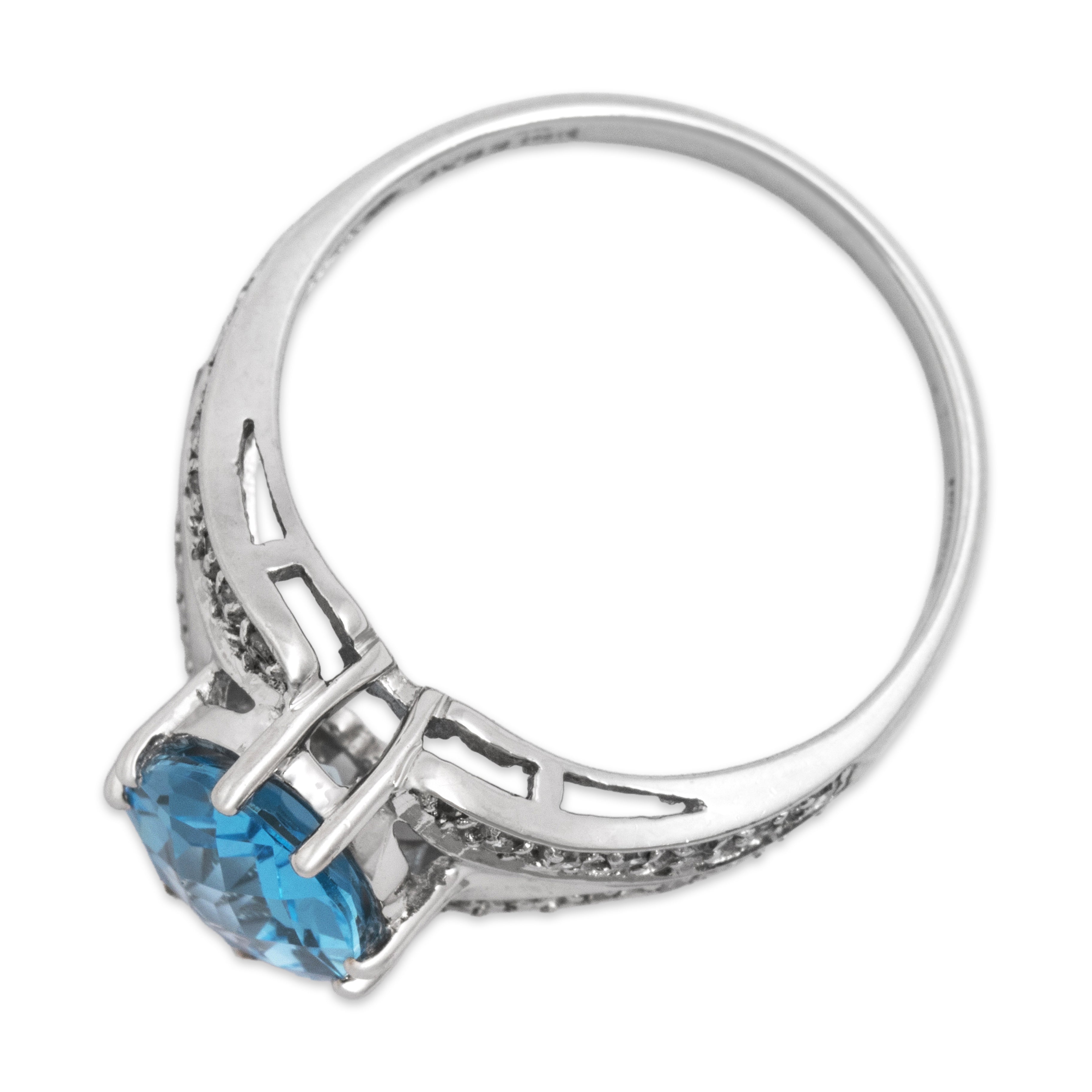Vintage 14k White Gold Blue Topaz Diamond Pave Split Shank Ring - Overall view