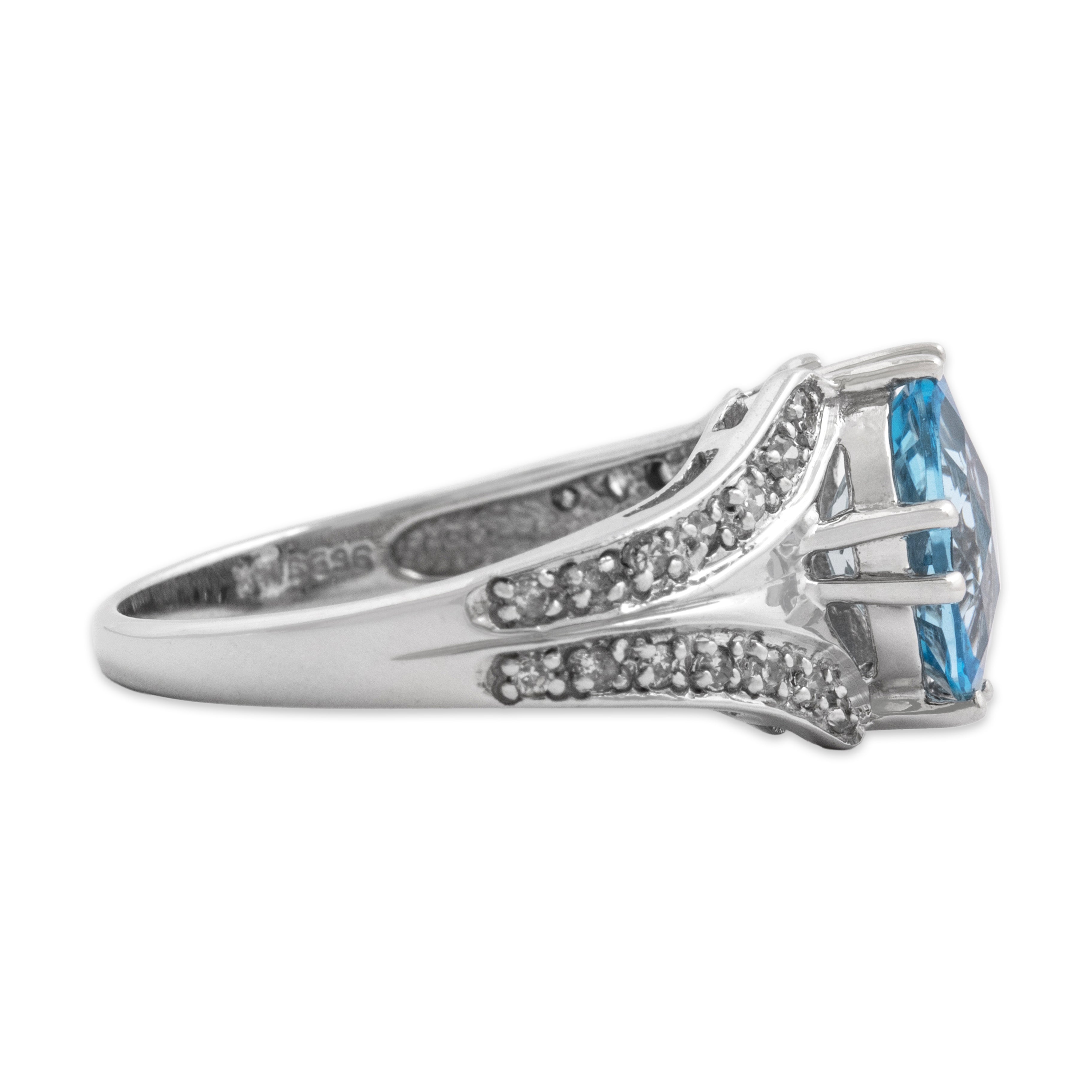 Vintage 14k White Gold Blue Topaz Diamond Pave Split Shank Ring - Side view