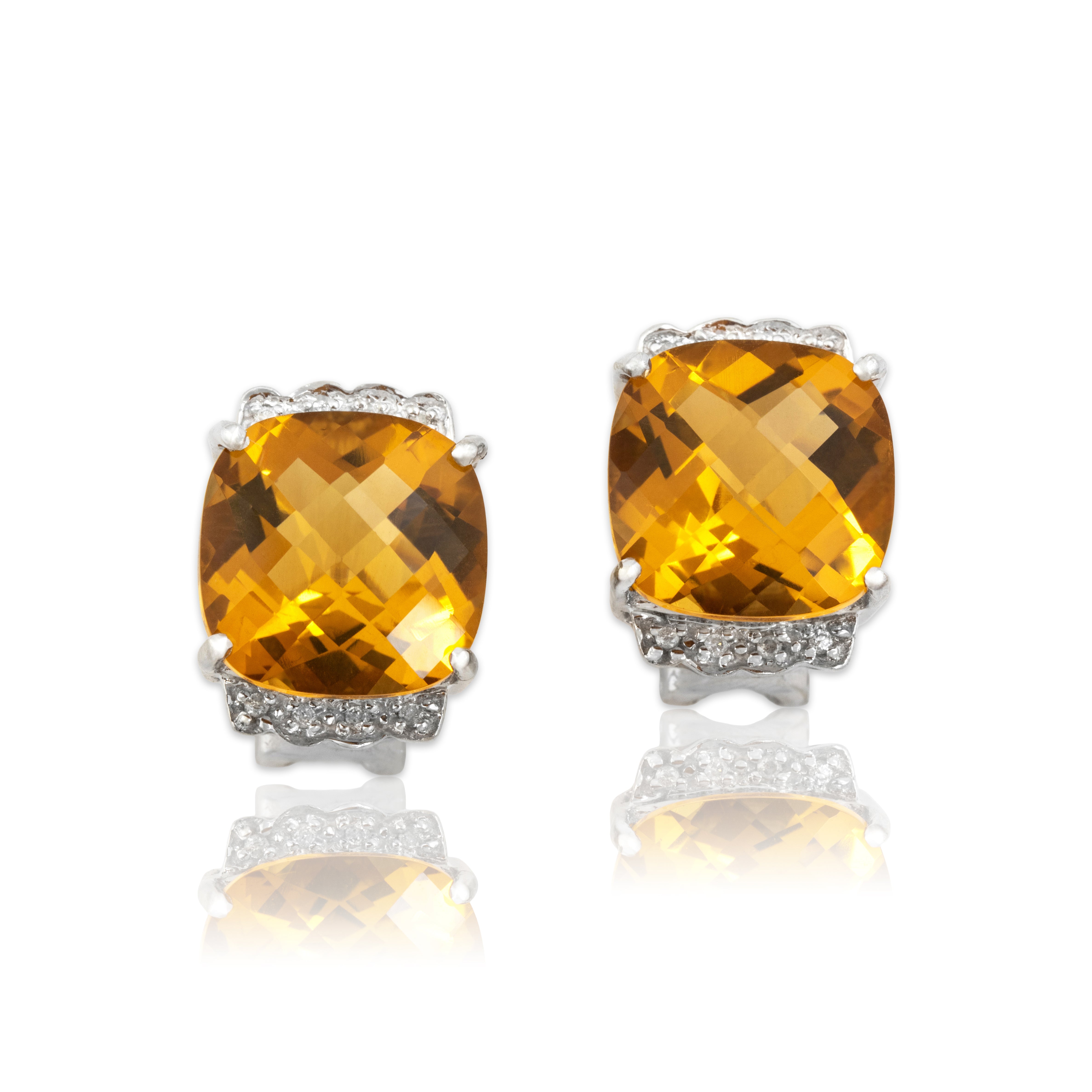 Vintage 14k White Gold 15.33cttw Citrine Diamond Scallop Accent Checkerboard Cushion Omega Back Earrings - Close-up view