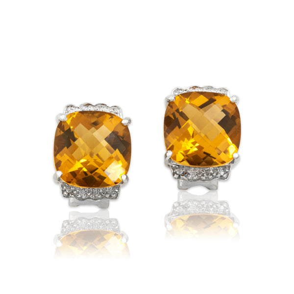 Vintage 14k White Gold 15.33cttw Citrine Diamond Scalloped Cushion Earrings