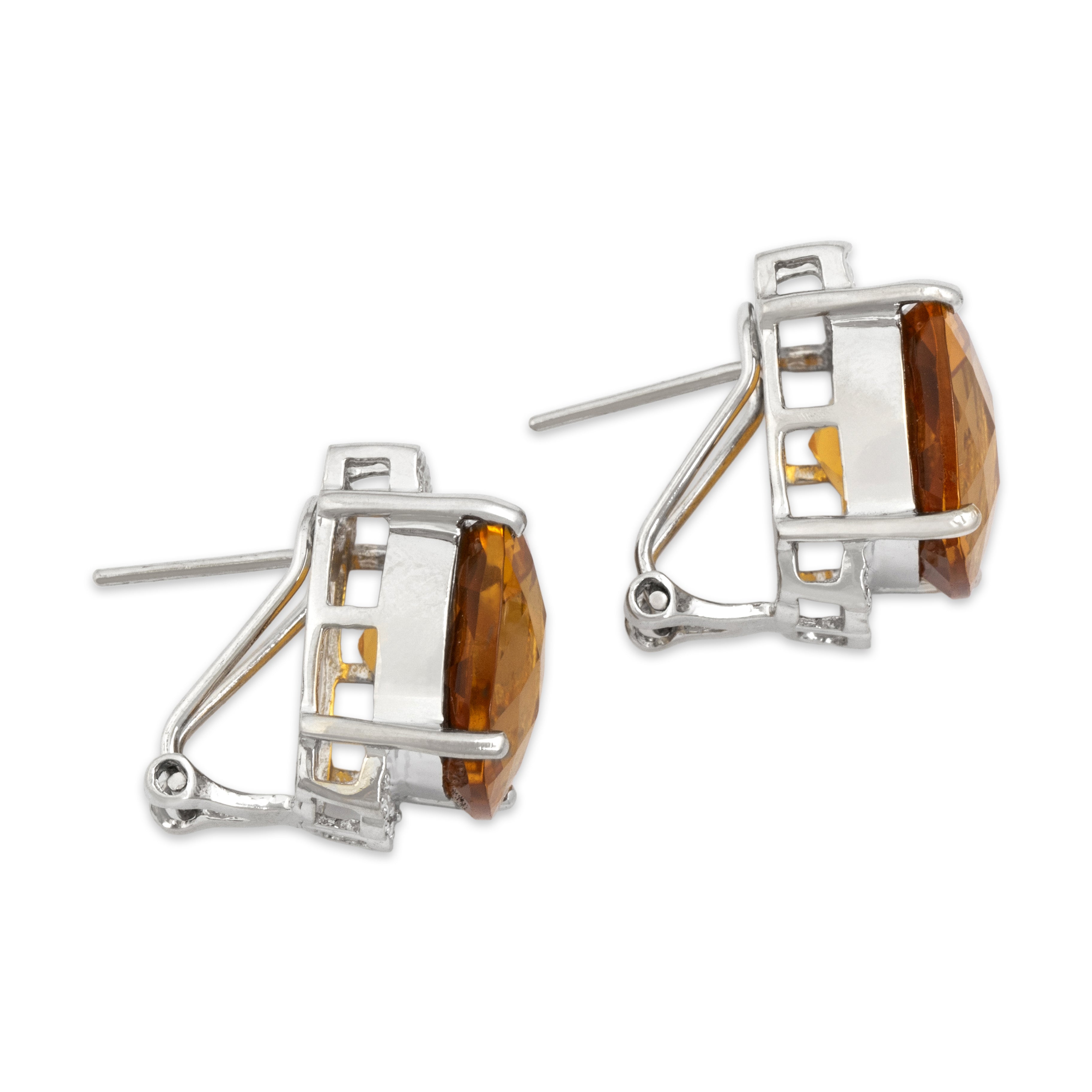 Vintage 14k White Gold 15.33cttw Citrine Diamond Scallop Accent Checkerboard Cushion Omega Back Earrings - Side view
