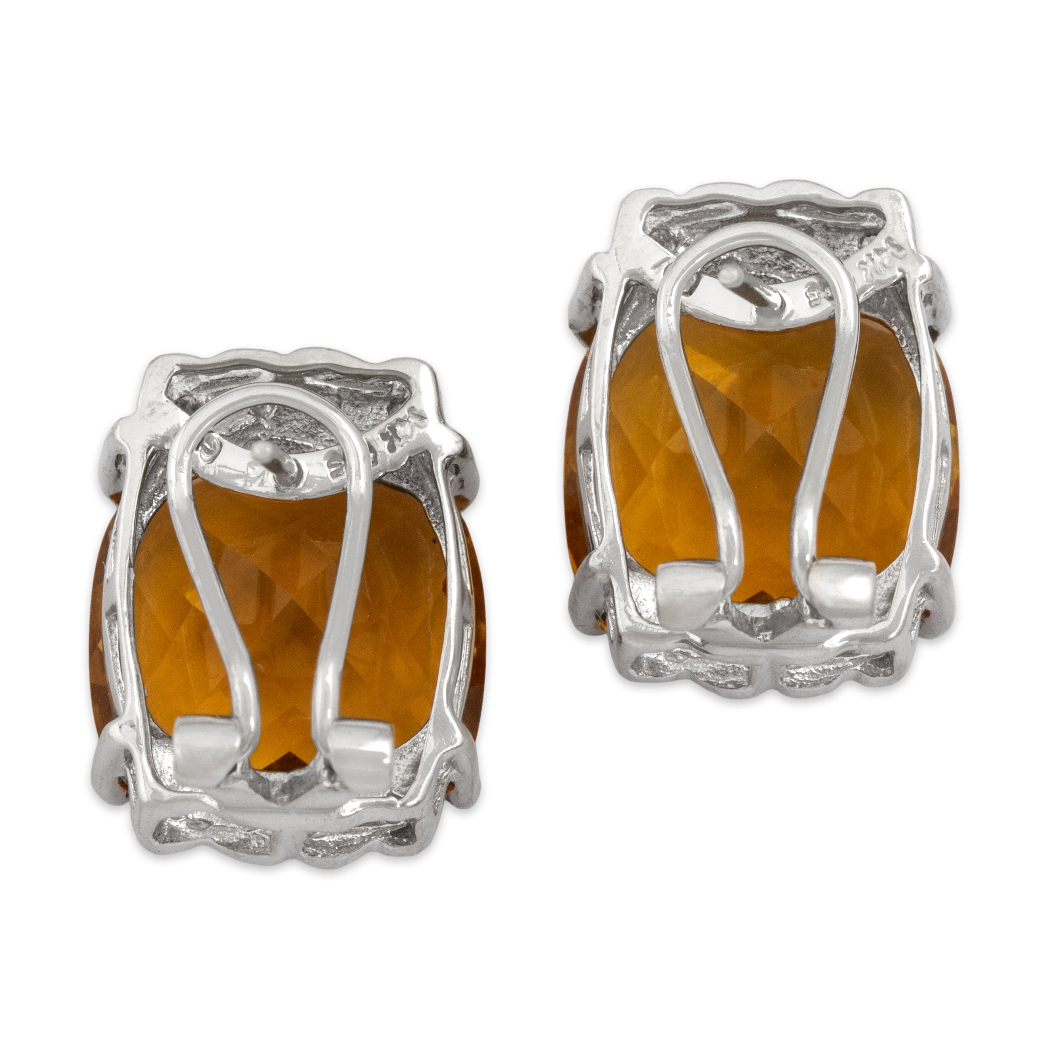 Vintage 14k White Gold 15.33cttw Citrine Diamond Scallop Accent Checkerboard Cushion Omega Back Earrings - Back view