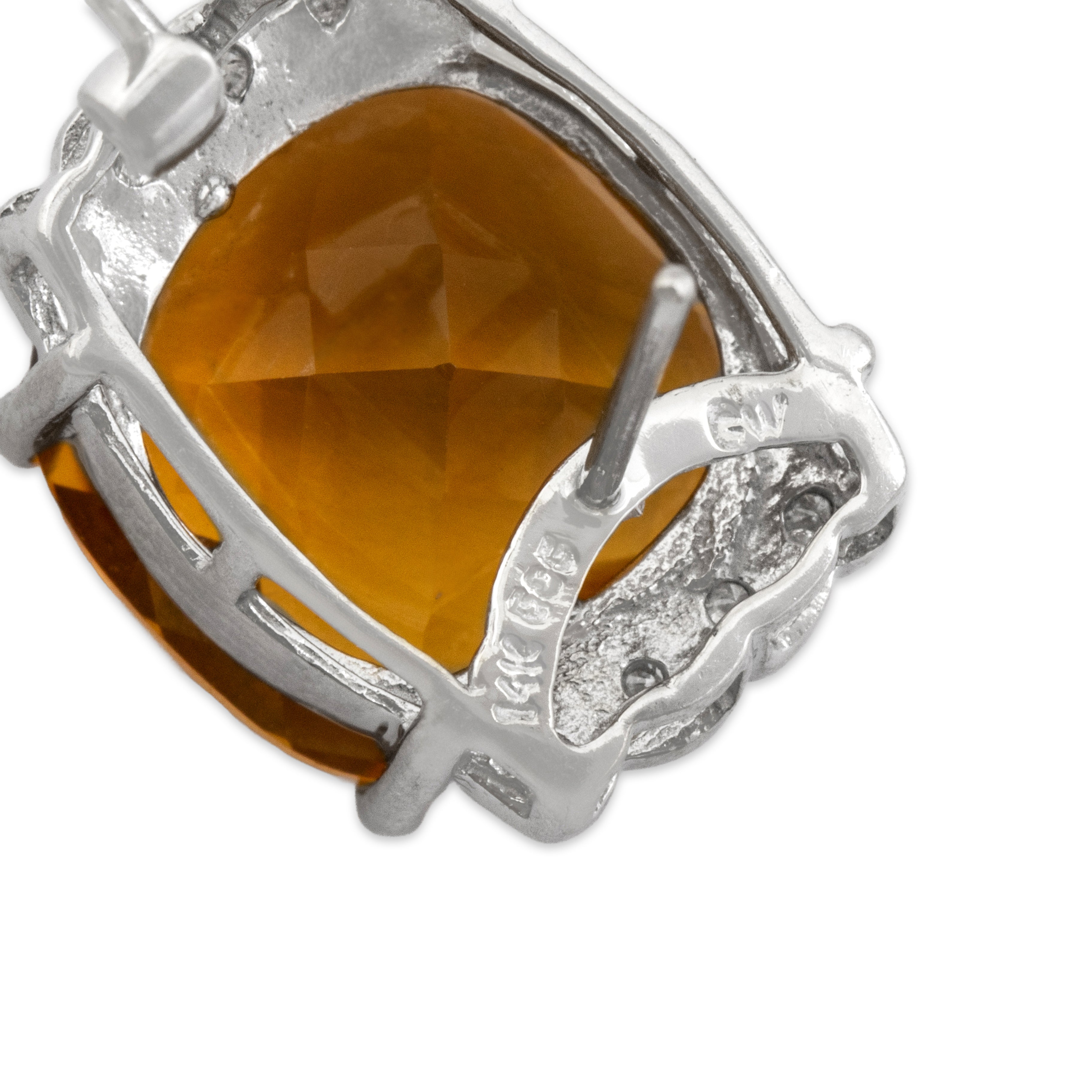 Vintage 14k White Gold 15.33cttw Citrine Diamond Scallop Accent Checkerboard Cushion Omega Back Earrings - Hallmark view